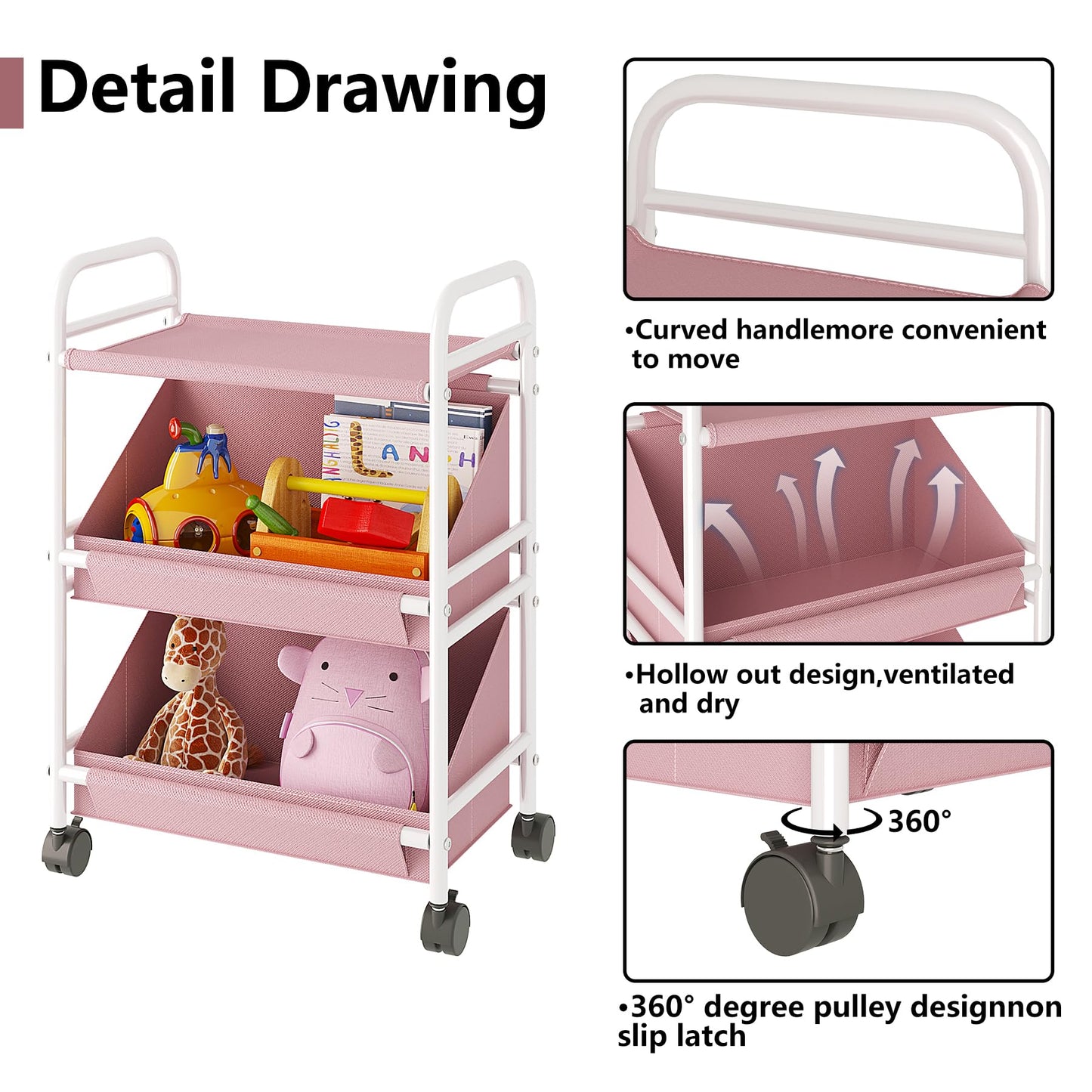 Buzowruil Utility Rolling Fabric Storage Rack Trolley Toy Cart Trolley with 2 Large Storage Boxes,Wheels, Suitable for Bedroom, Living Room, Entryway, Pink