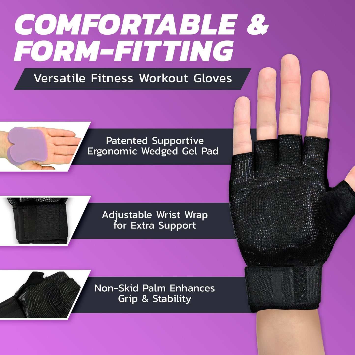 WAGs Ultra Wrist Assured Gloves - Workout Support for Women and Men With Patented Ergonomic Gel Pad and Wrap, Large, Black