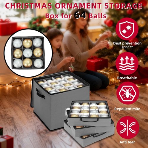 DIMESHY Christmas Ornament Storage Box - Adjustable Dividers & 4 Removable Trays for 64 Decorations | Gray