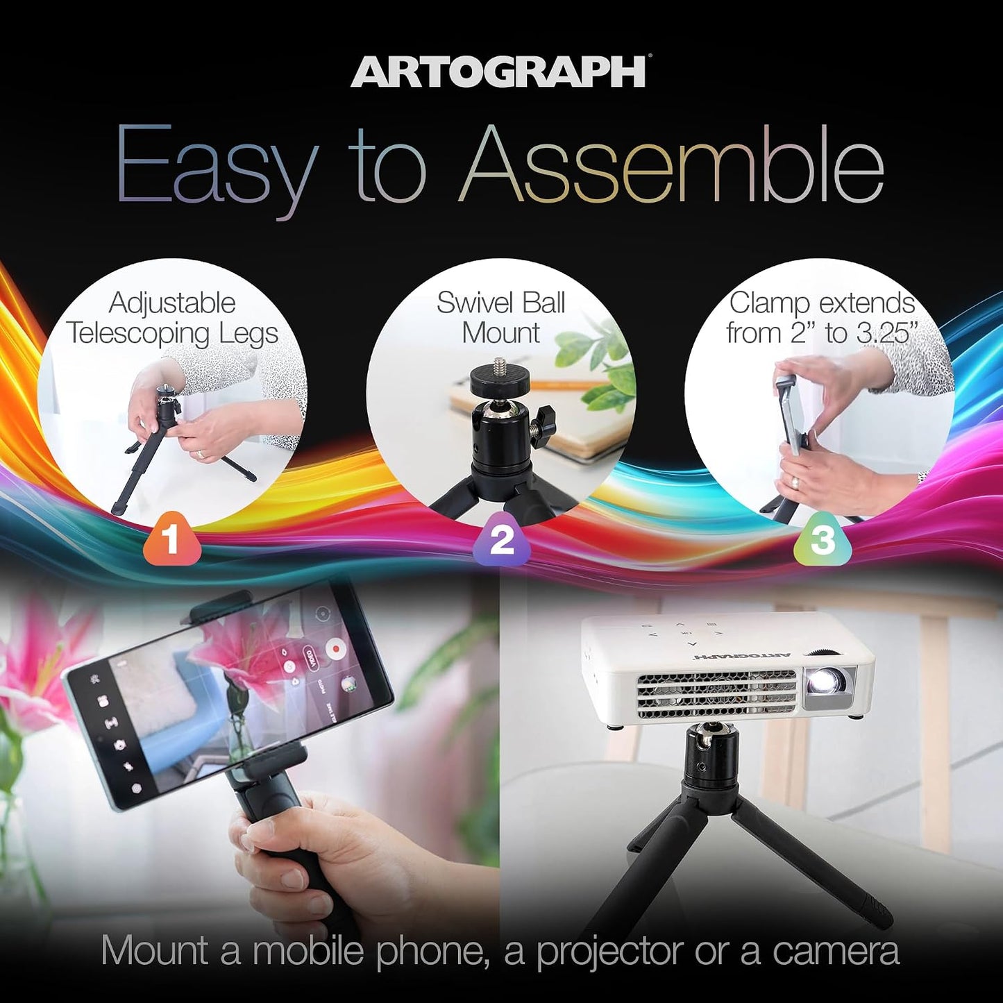 Artograph Mini Tripod Tabletop & Handheld Stand for Digital Projectors & Phones, Lightweight, Portable and Convenient