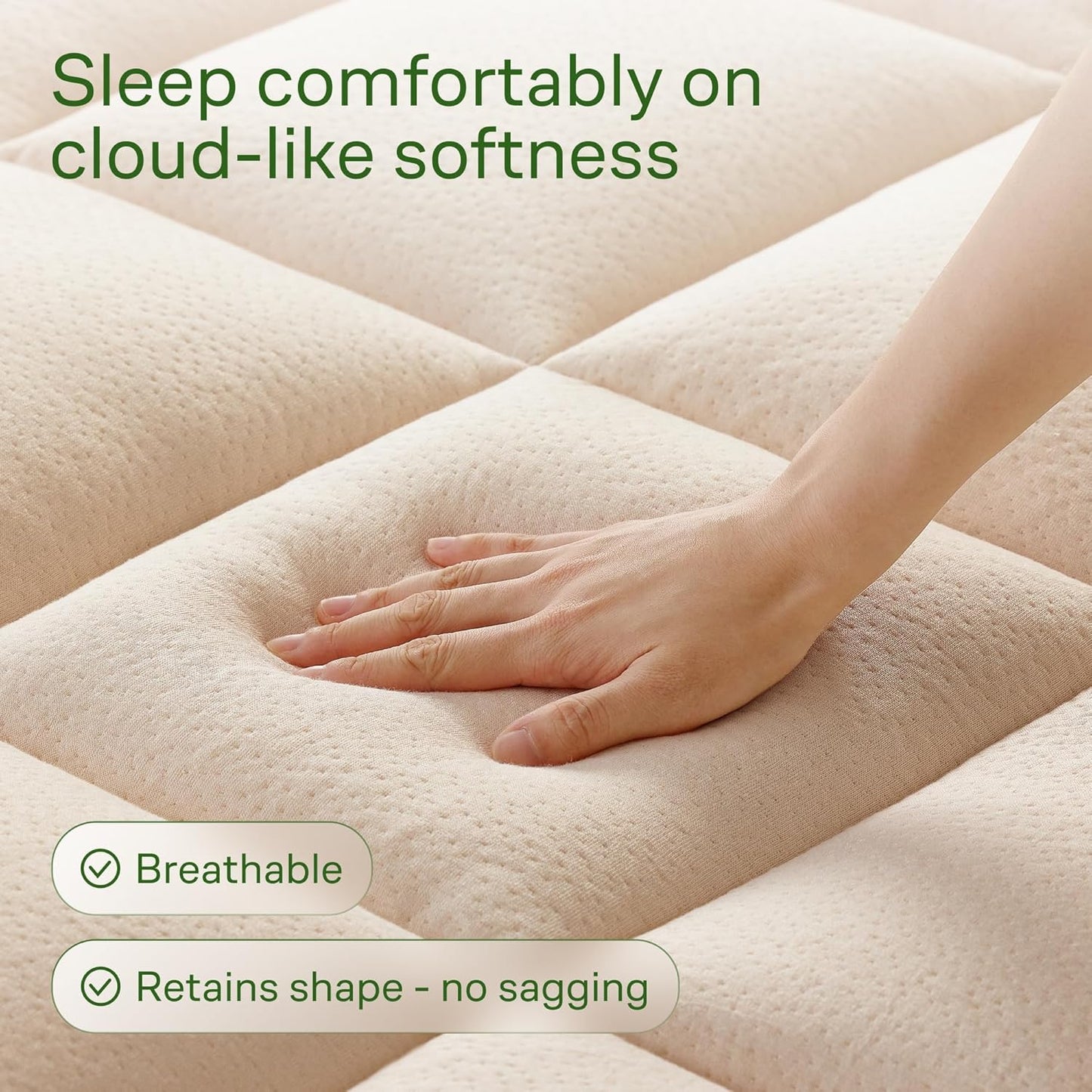 Skiennix Ultra Soft Queen Size Mattress Topper - Bamboo Viscose Pillow Top for Full Body Support - Naturally Cooling, Beige