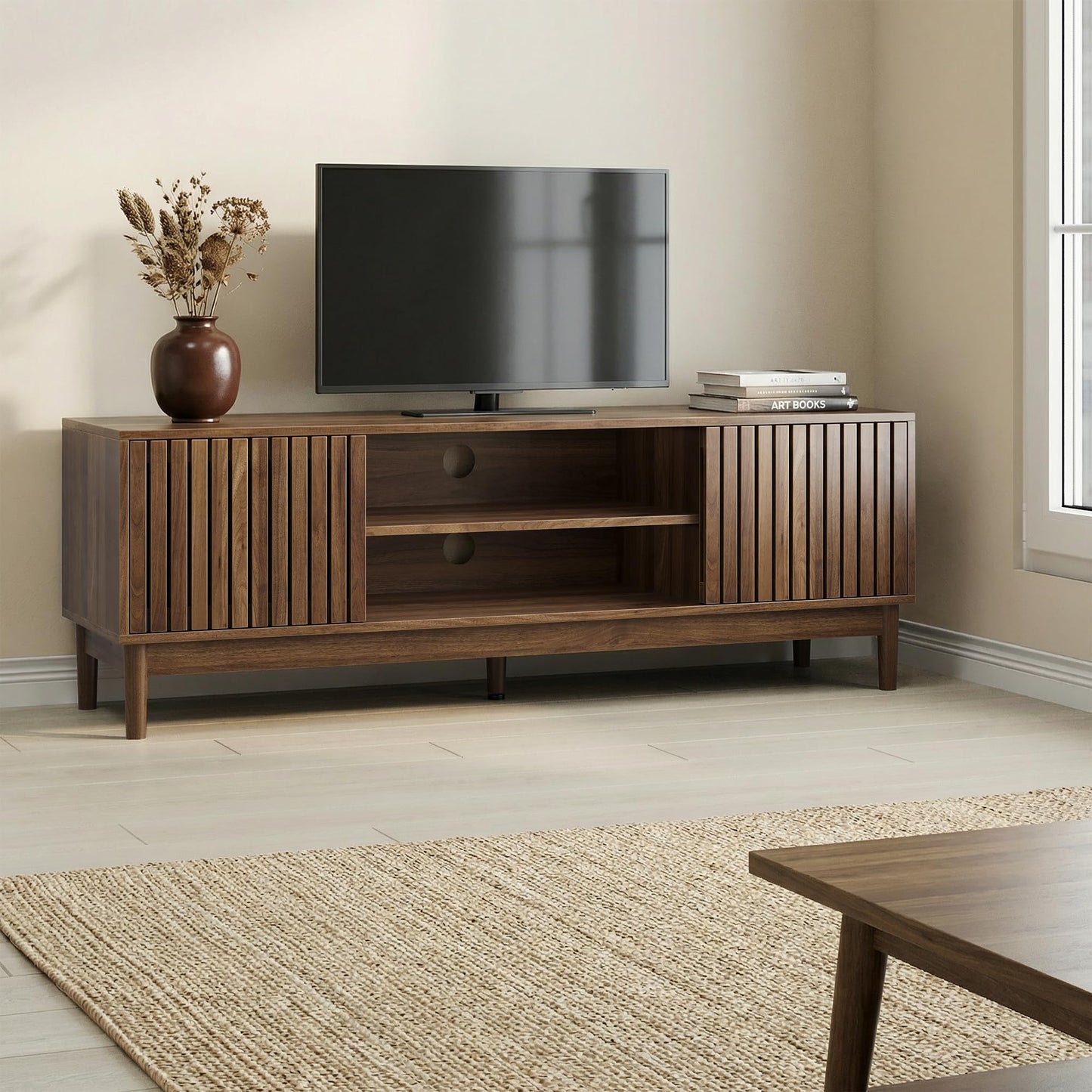 KEIKI 55" Mid-Century Modern TV Stand for 55–65 Inch TVs, Wood Entertainment Center with Slatted Doors, Storage Console with Cable Management for Living Room, Bedroom (Oak)