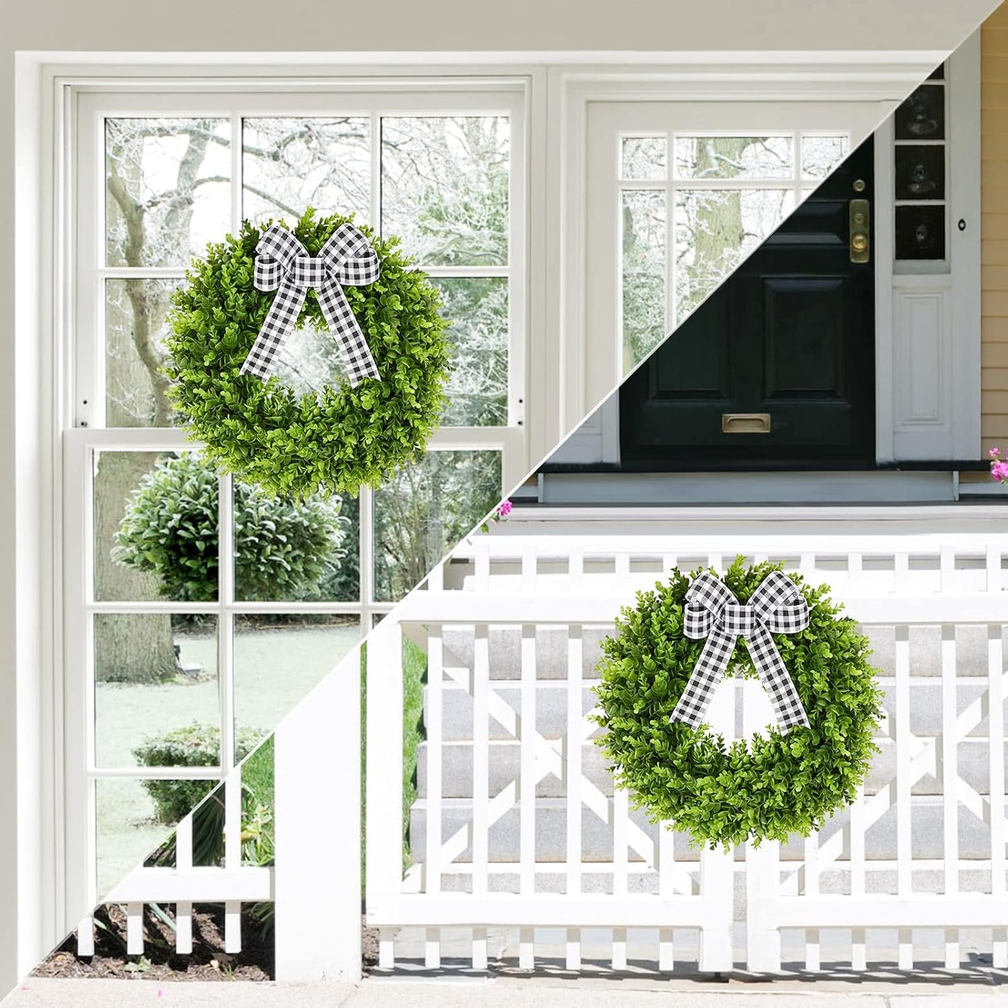 Vlorart 20" Faux Round Boxwood Wreath - Large Artificial Greenery with Plaid Bow for Door & Wedding Decor