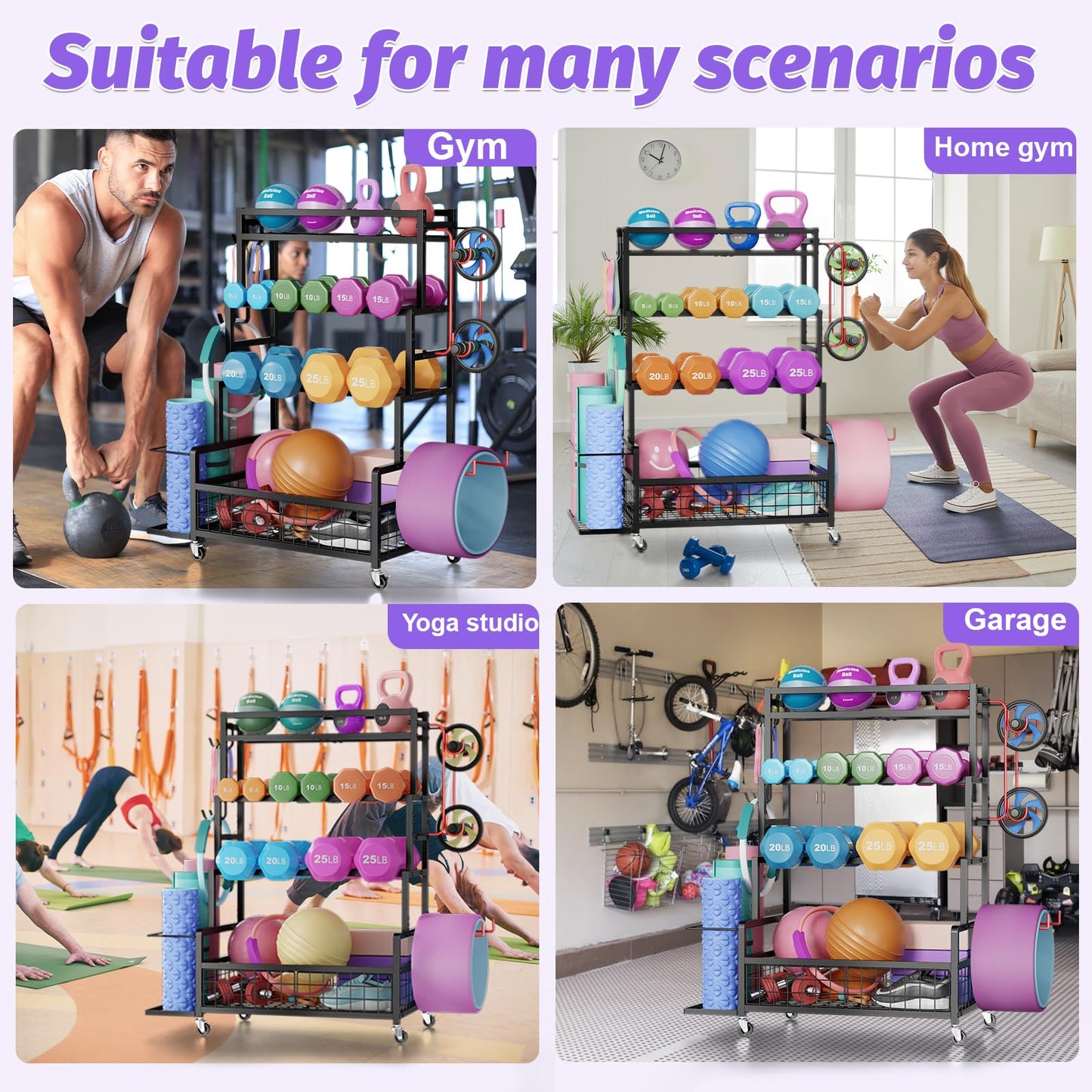 Dumbbell Rack,Home Gym Storage Rack,Total Weight Capacity 490 lbs,Weight Rack with Wheels/Strength Training Equipment Storage Rack with Hooks,Stores Dumbbells,Kettlebells,Yoga Mats