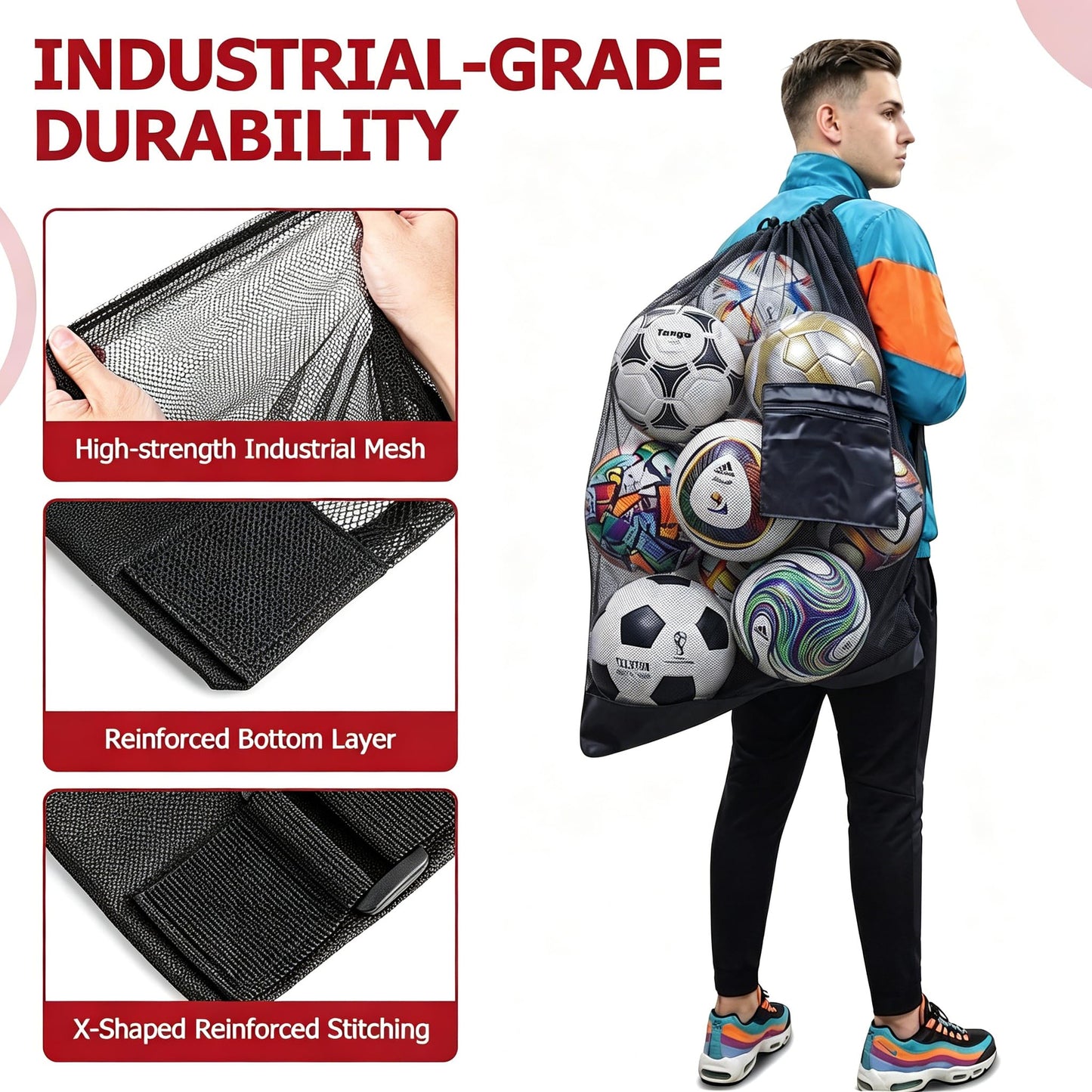 Tavirela Extra Large Mesh Ball Bag with Pocket, Holds 13 Soccer Balls, 10 Basketballs, Heavy Duty Drawstring Net Bag, Team Coaches Sports Equipment Storage Duffle Sack for Volleyball, Swimming Gear