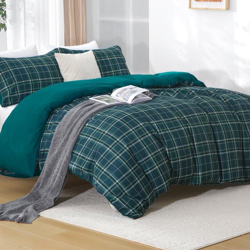 MUXHOMO Duvet Cover Queen Size, 3 Pieces Plaid Duvet Cover Set, Reversible Dark Green Bedding Set with Dual-Zipper & 8 Corner Ties (90"x90", 2 Pillowcases)