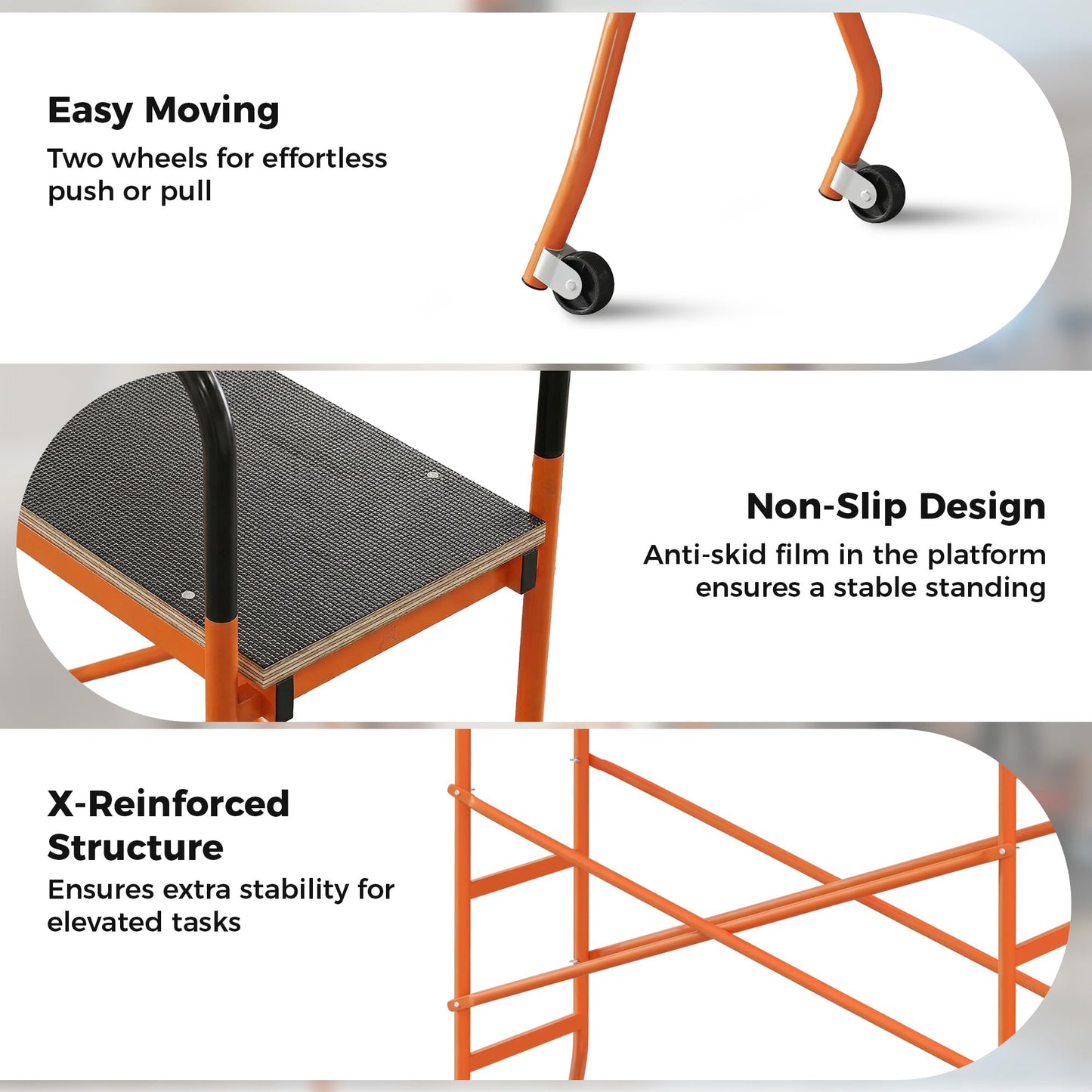 HOMCOM 4-Step Steel 4.6 x 2 x 6 ft. Scaffold 2 Wheels Free Moving for Indoor & Outdoor Decoration Anti-Skid, 440 Pound Capacity, Orange
