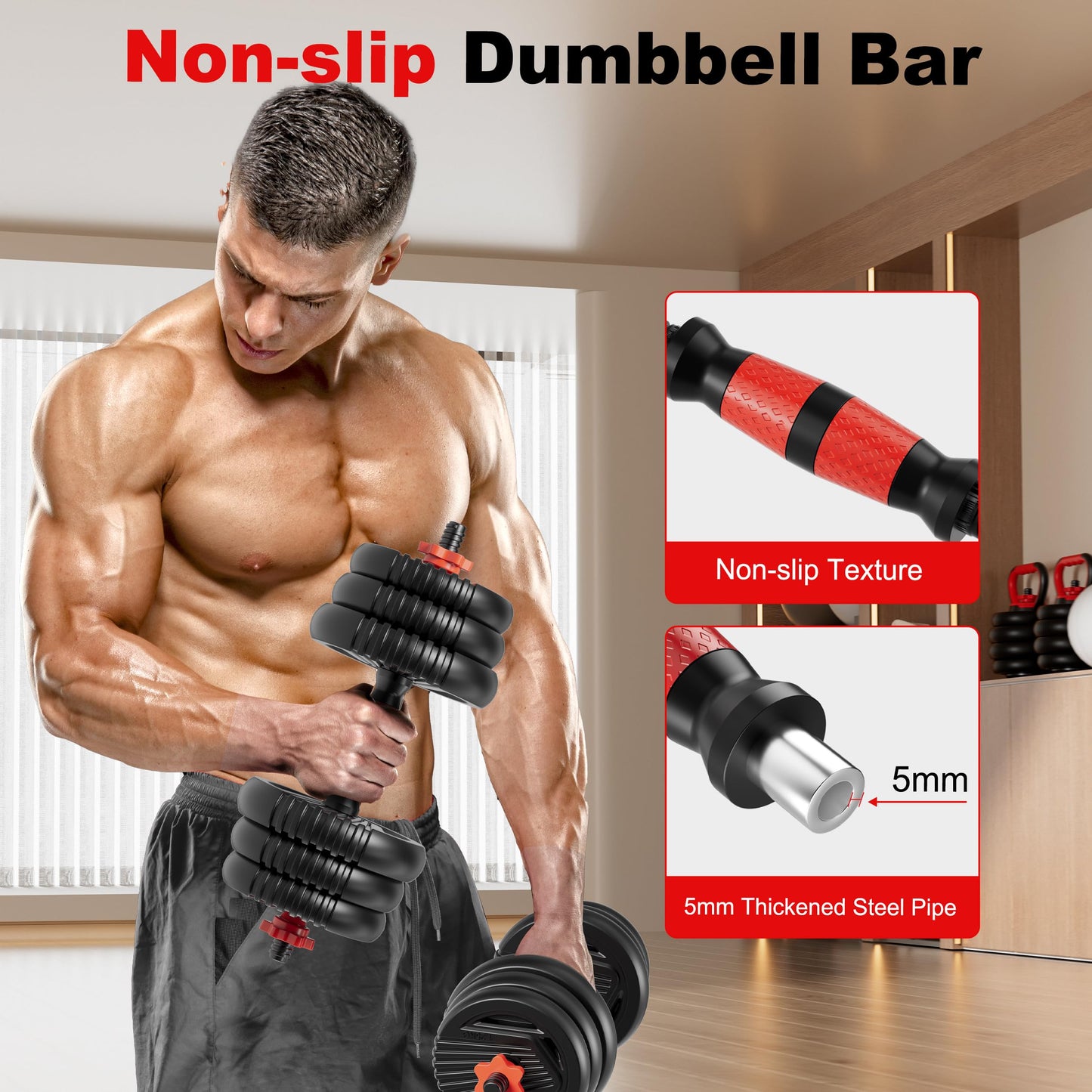 SCEPKN Adjustable Dumbbell Set, 10/20/30/45/70/90lbs Free Weight Set with Connector, 5 in1 Dumbbells Set Used as Barbell, Kettlebells, Push up Stand,Weight Plate, Fitness Exercises for Home Gym Suitable Men/Women