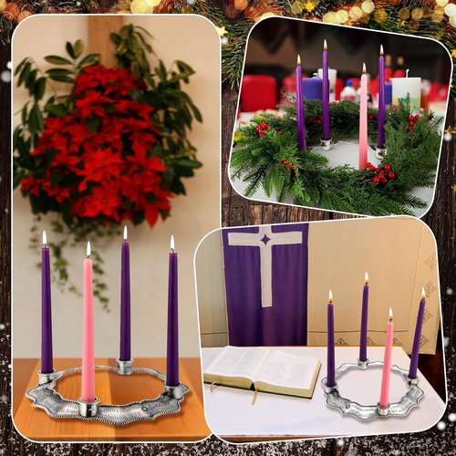 Mumufy Advent Candle Holder Set - 5 Pcs Metal Nativity Christmas Centerpiece with Purple & Pink Candles