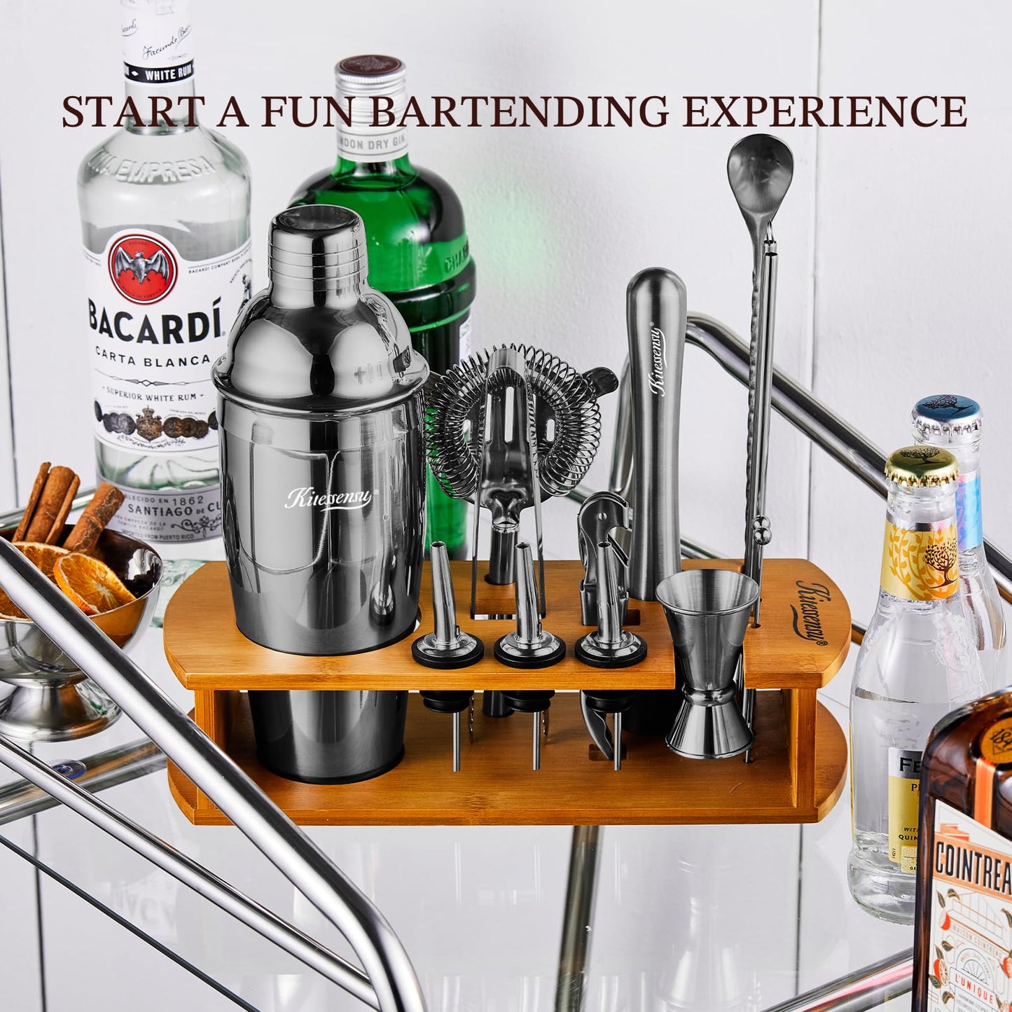 KITESSENSU Cocktail Shaker Set Bartender Kit with Stand | Bar Set Drink Mixer Set with All Essential Bar Accessory Tools: Martini Shaker, Jigger, Strainer, Mixer Spoon, Muddler, Liquor Pourers | Black