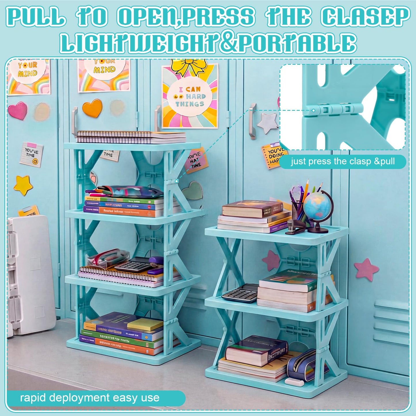 Lineshading 4 Tier Foldable Locker Organizer Shelf Foldable Storage Shelves Locker for School, Office, Gym Lockers, Dorm Room, Multi-Layer Shoe Gear Tower, Heavy-Duty No-Tool Portable Shelf (Blue)