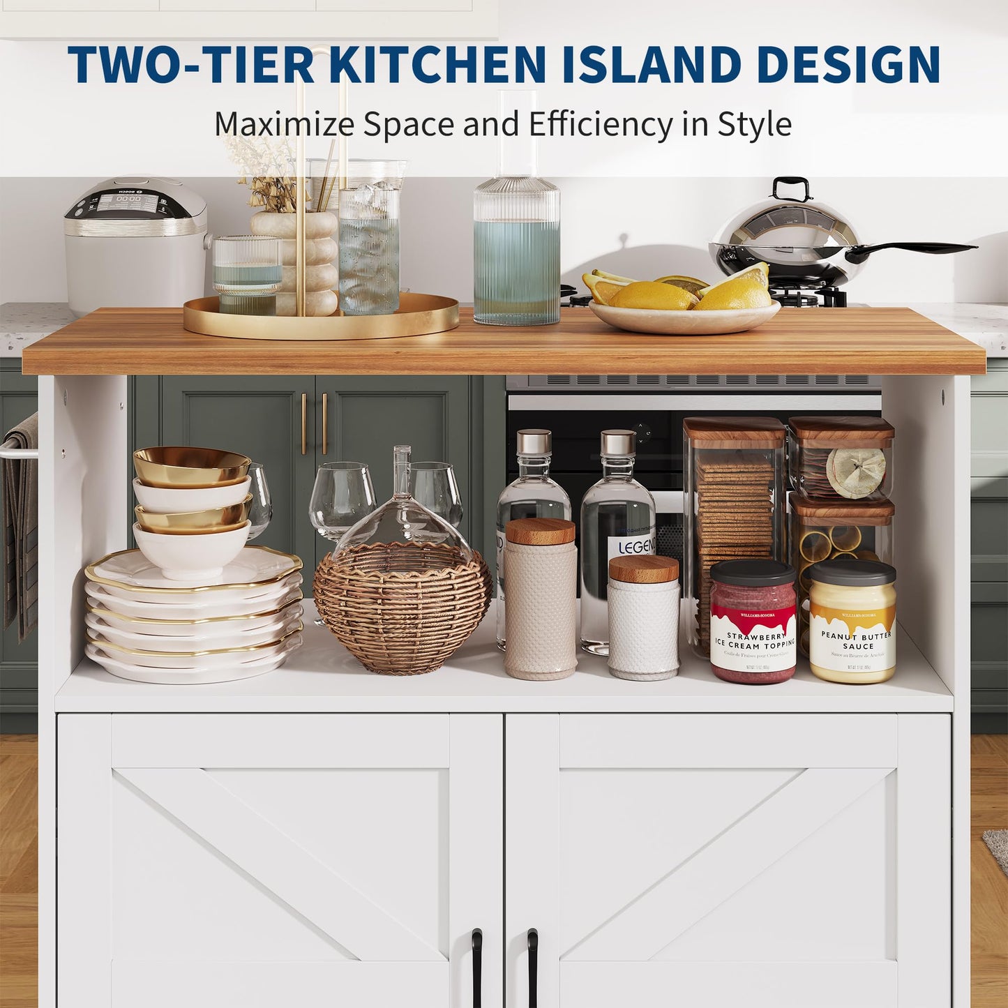 GarveeLife Rolling Kitchen Island with Storage Cabinet, 40.4'' Width Kitchen Cart, Portable Mobile Kitchen Island with Towel Rack, Wood Top and Lockable Wheels for Kitchen, Dining Room
