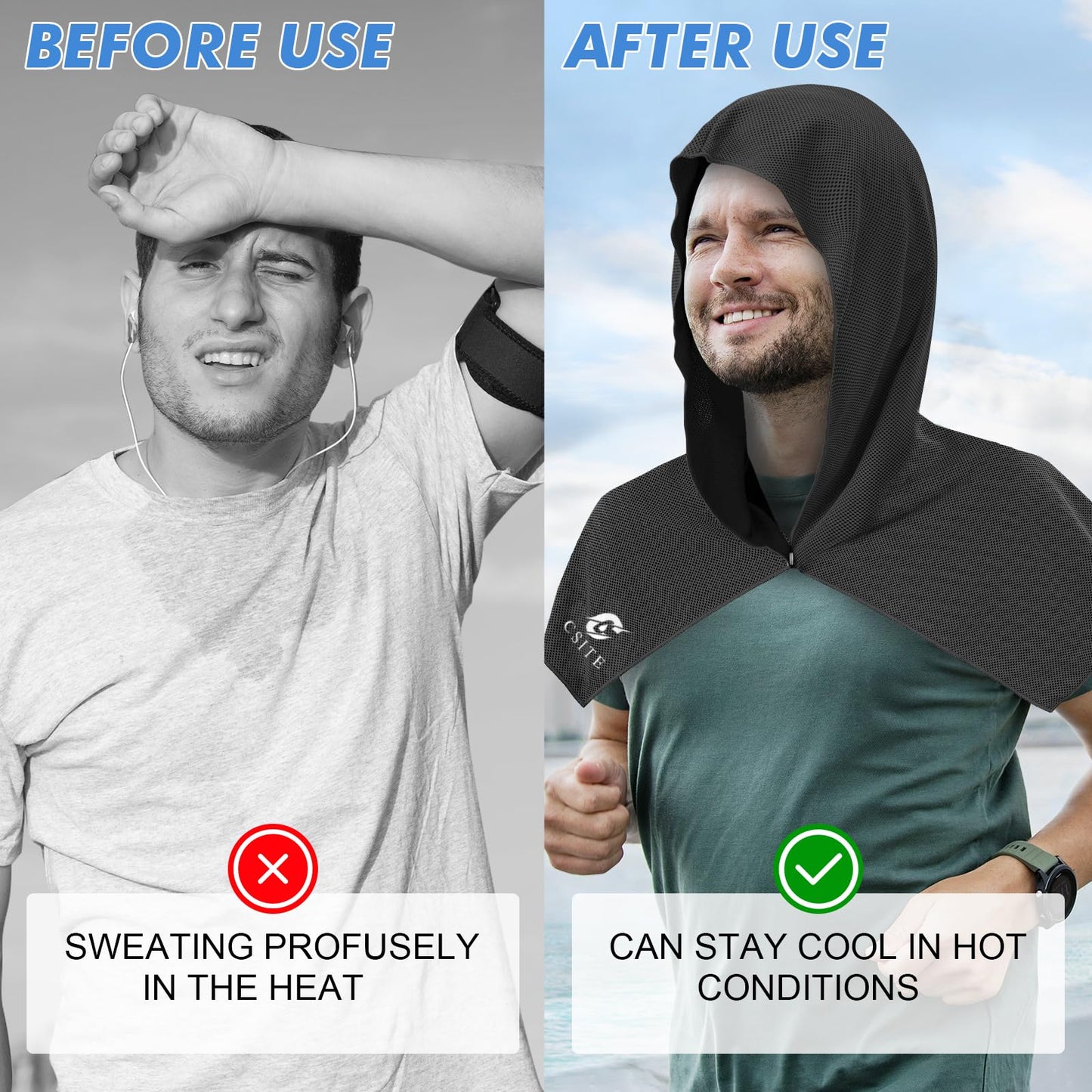 CSITE Cooling Hoodie Towels for Neck and Face, UPF 50 Sun Protection & Instant Cooling, Ice Towels for Hot Weather, Soft Breathable Towel for Sport, Work Out, Gym, Camping & More Activities（Black）