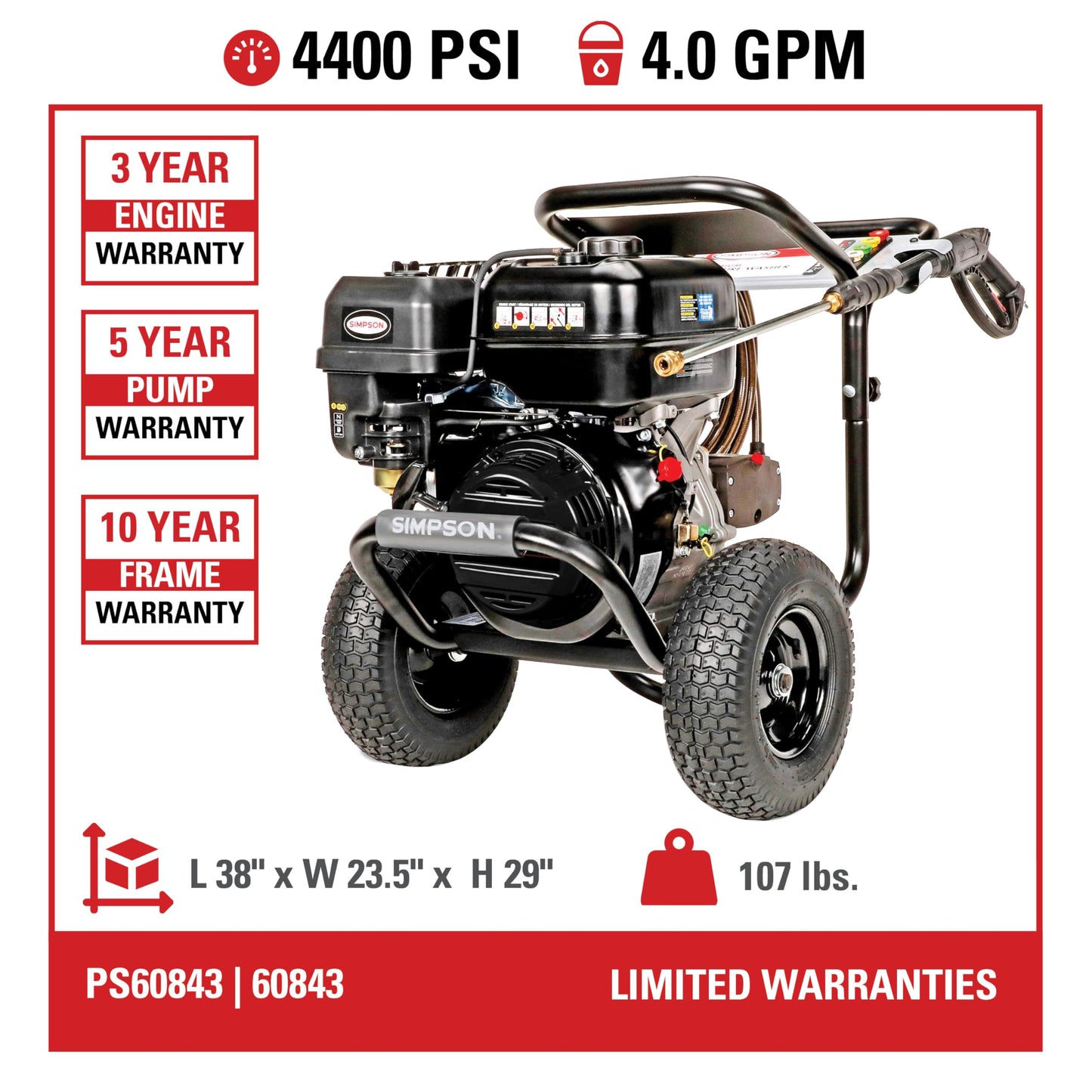 Simpson 4400 PSI Gas Pressure Washer, 4.0 GPM Commercial Power Washer, Cold Water, 50' Hose, PowerShot, 49-State Compliant (PS60843) - Black