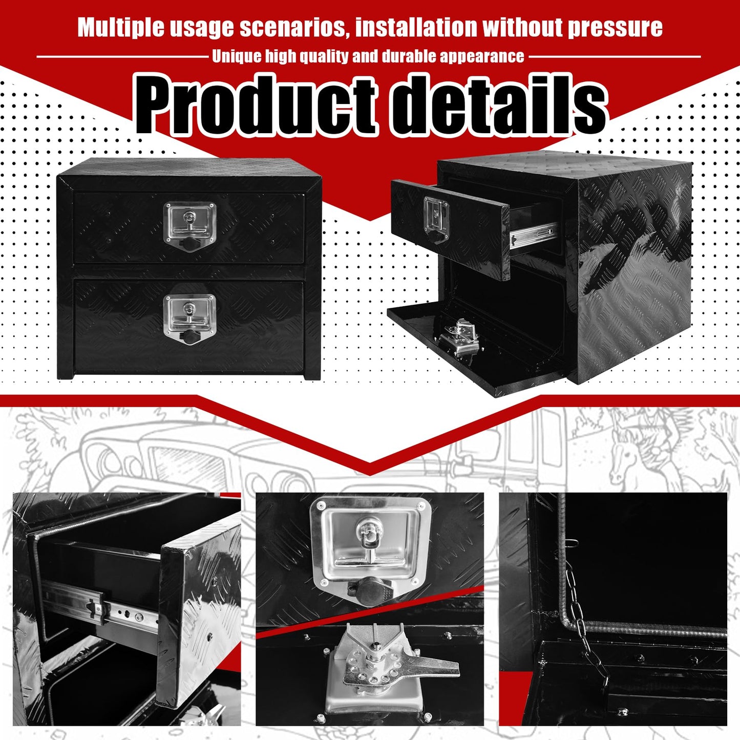 Underbody Truck Tool Box 24"x 18"x 20" Heavy Duty Double-Layer Aluminum Truck Bed Toolbox with Drawer and Lower Door Tools Storage Organizer with Lock and Keys Suitable for Truck Bed Pickup RV Trailer
