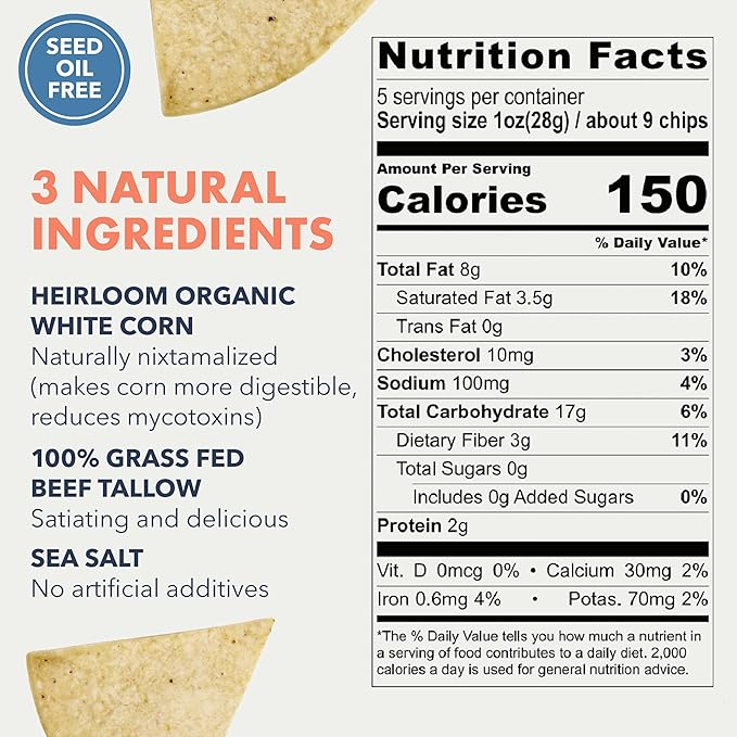 MASA Tortilla Chips Snack Pack - Seed Oil Free Snacks, Organic Chips Tortilla - Gluten & Dairy Free, Naturally Grown Corn Chip - Made with Grass Fed Tallow & Sea Salt (2 Pack, 5oz Each - White Corn)