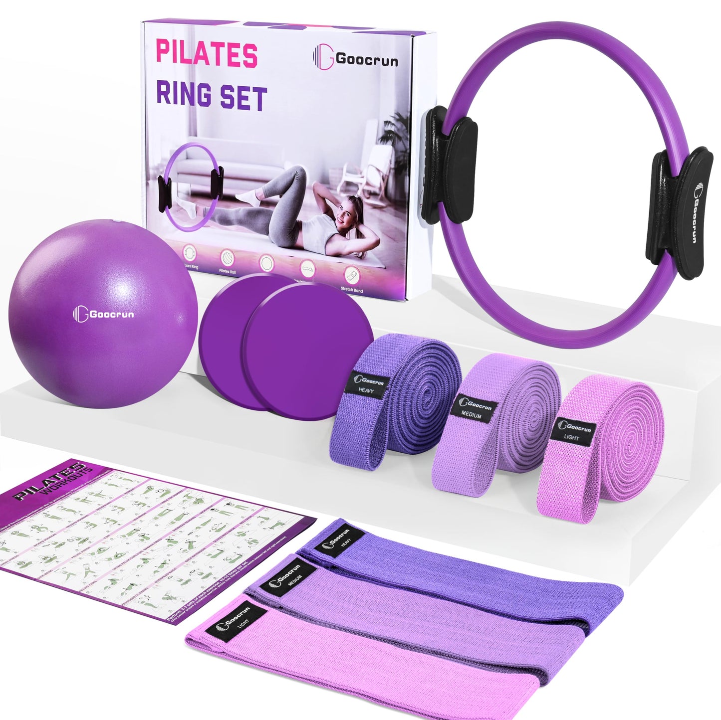 Goocrun Pilates Ring Set Exercise Equipment, with Fabric Resistance Bands Set, Pilates Ball, Sliding Disks. Portable Home Gym - with Fitness Guide Poster (Purple)
