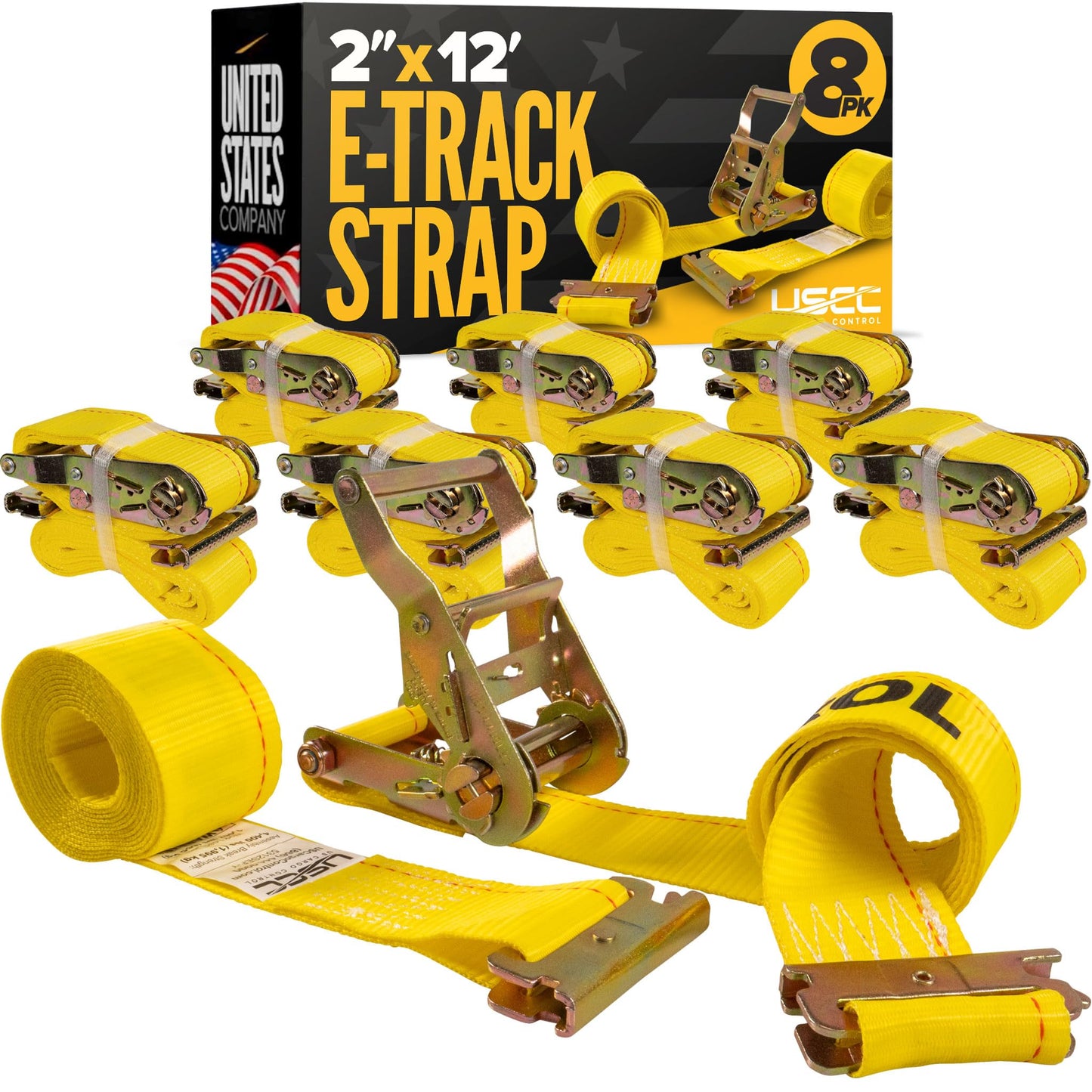 US Cargo Control E Track Straps 2" x 12' (8-Pack), 4,400 LBS Break Strength, Yellow Heavy Duty E Track Ratchet Straps with 4' Fixed End and Spring E-Fittings, Logistic Tiedowns for Box Trucks, Vans