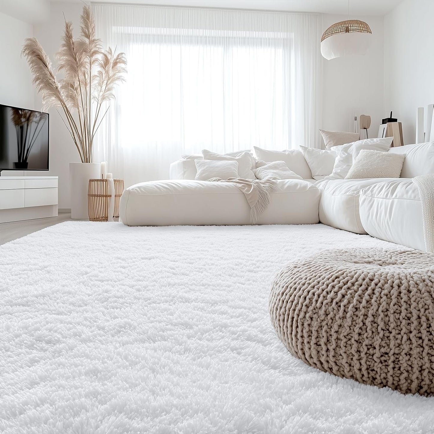 OLANLY Large Area Rug - Soft Fluffy Shaggy Carpet for Living Room & Bedroom | 7x7 ft, White