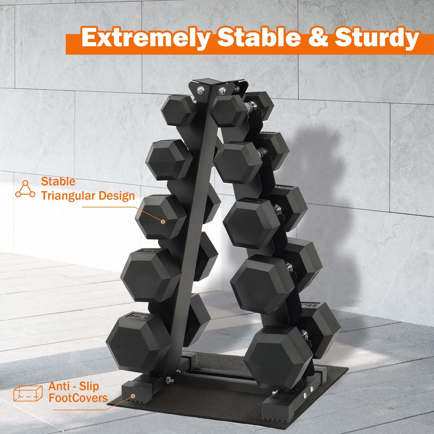 Fitvids Rubber Encased Hex Dumbbell Weight Set and Storage Rack, 150 LB (5-25lbs Pairs)