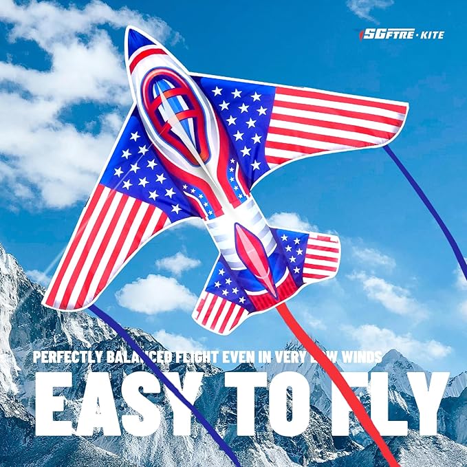 Flag Airplane Kite Easy to Fly Kids Kites for Ages 3-5, Huge Size Durable Beach Kite for Family Outdoor Games & Activities, Perfect for Kids and Adults (Flag Airplane Red Blue)