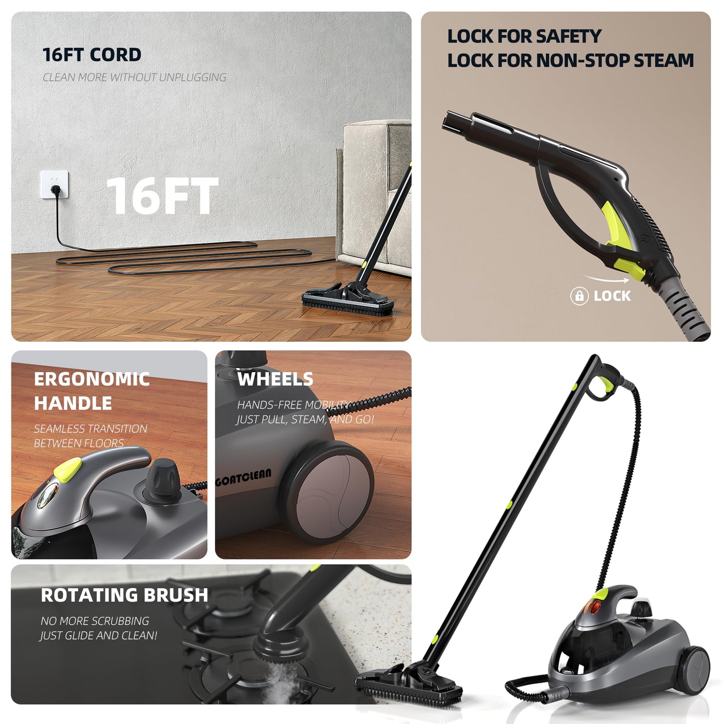 GOATCLEAN Heavy-Duty Steam Cleaner - 1500W Multipurpose Handheld Floor Steamer with 22 Accessories 16ft Cord for Home, Car Detailing, Tile, Grout, Wallpaper, Upholstery, Window, Deep Cleaning
