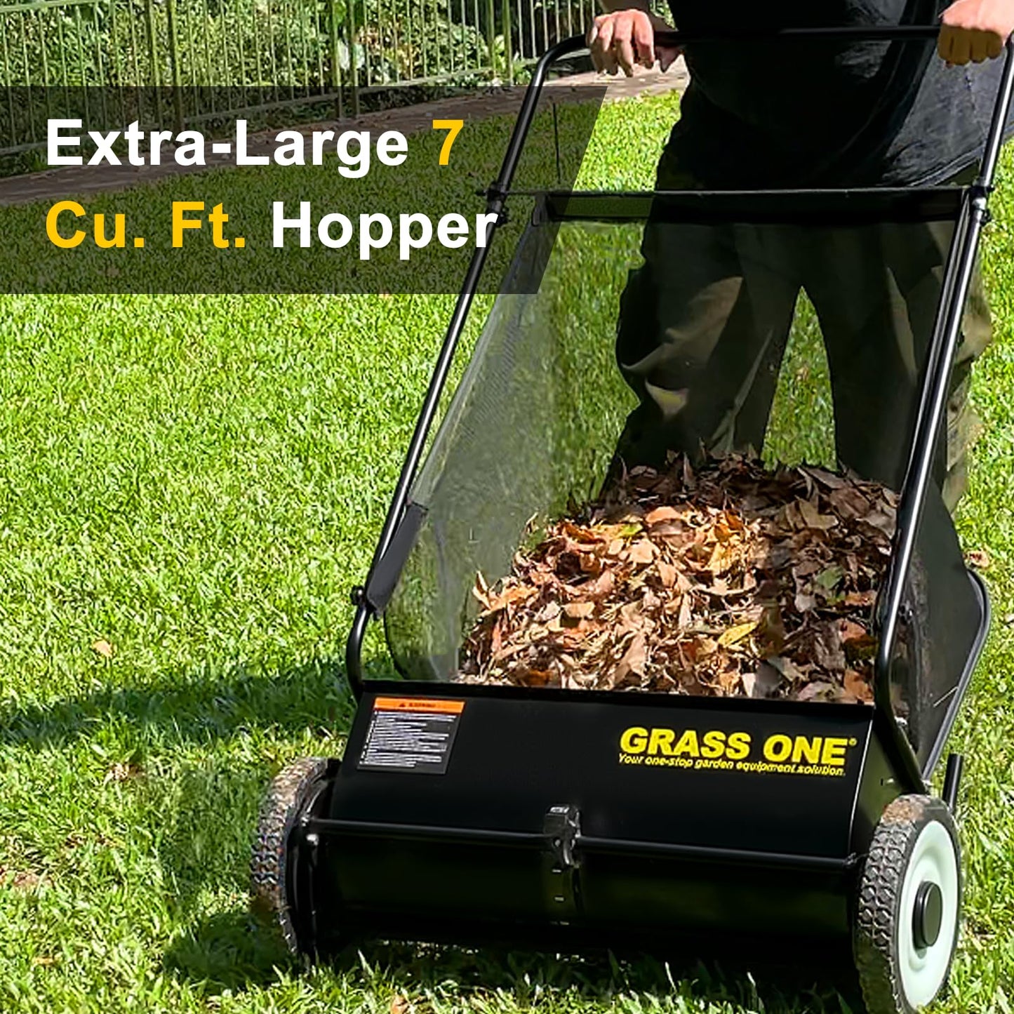 Grass One 26 Inch Push Lawn Sweeper, Leaf and Grass Collector with 7 Cu.Ft Mesh Bag, 4 Spinning PP Brushes, Durable Steel Construction, Adjustable Height & Rubber Tires for Yard Cleanup