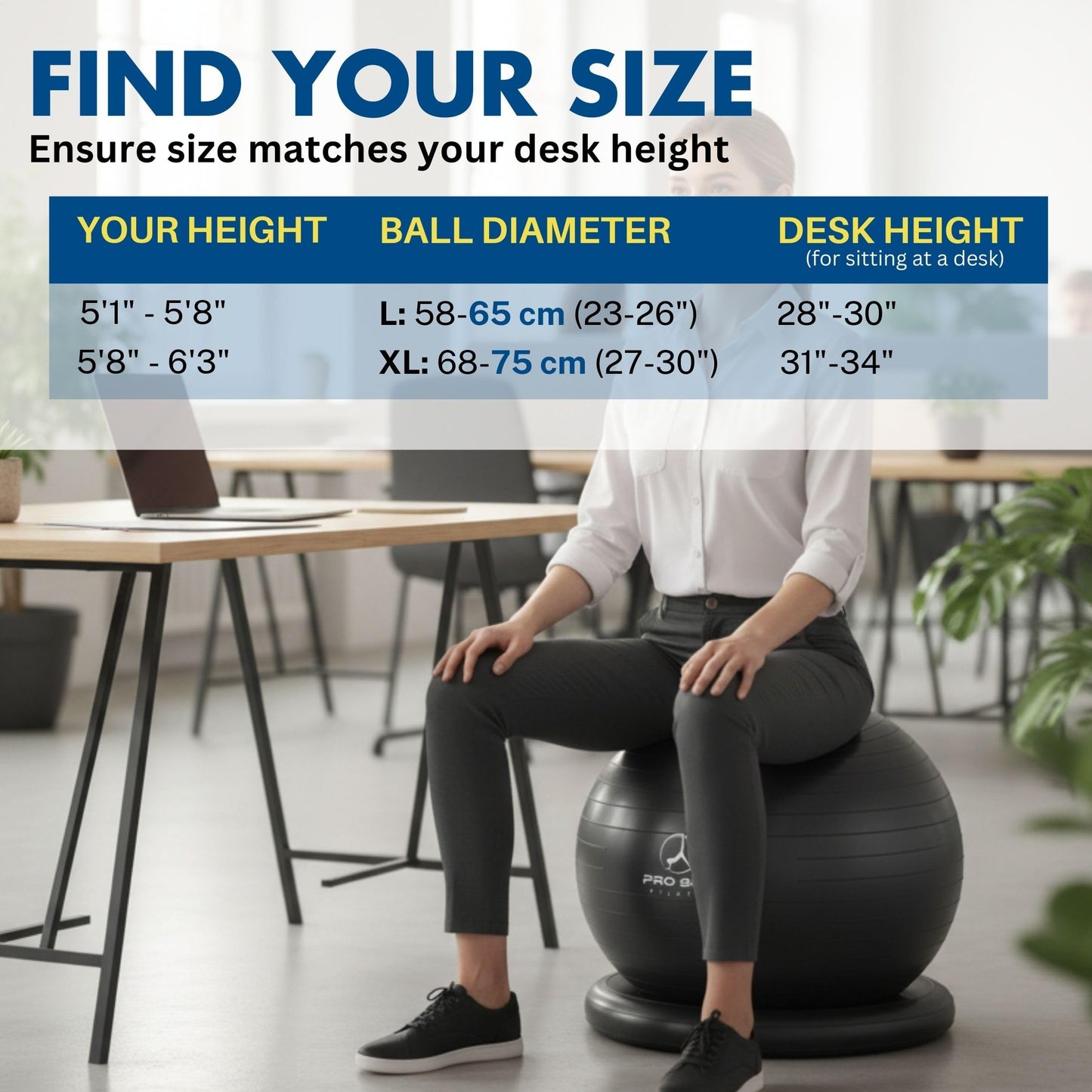 ProBody Pilates Yoga Ball Chair, Exercise Ball Chair with Base or Stand for Home Office Desk Sitting or Workout, Balance Ball & Stability Ball Seat for Back, abs (Aqua, 23-26 inches/58-65 cm)