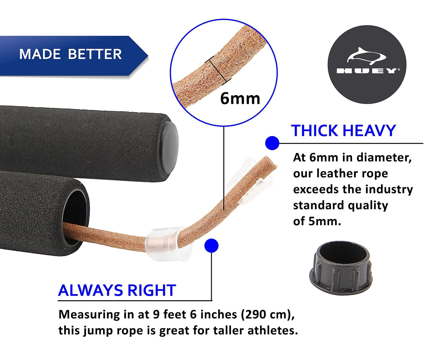 HUEY Sport Leather Jump Rope Skipping Rope for Speed Quiet Training Boxing MMA Cardio Crossfit Fitness Workout Indoor and Outside Exercise for Adult Kids Men and Women (5.5 oz)
