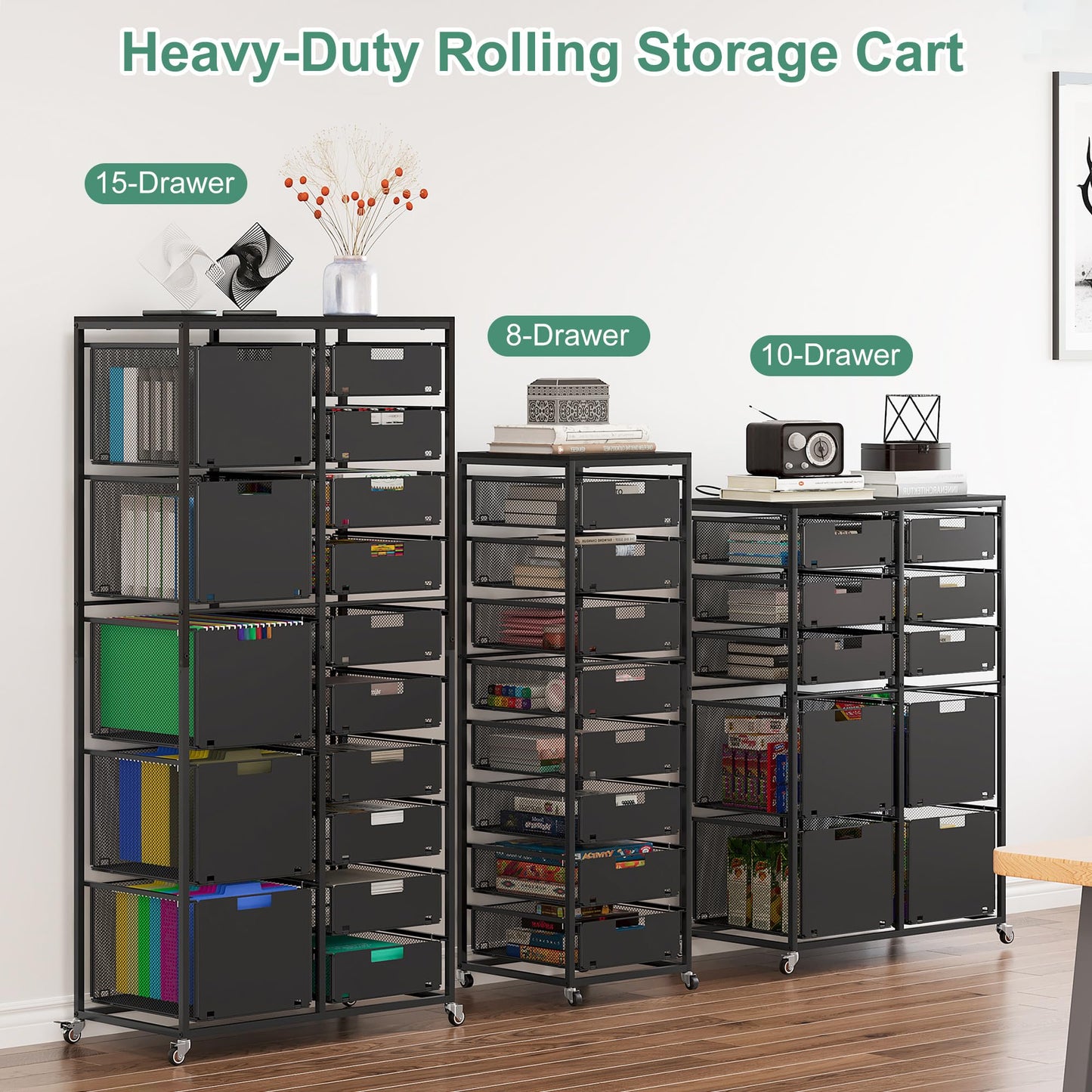 EasyPAG Rolling Storage Cart With 8 Drawers, Metal Craft Organizers And Storage Cart With Wood Tabletop, 30 Lbs Capacity Per Drawer For Home Office Classroom And Dorm, Black