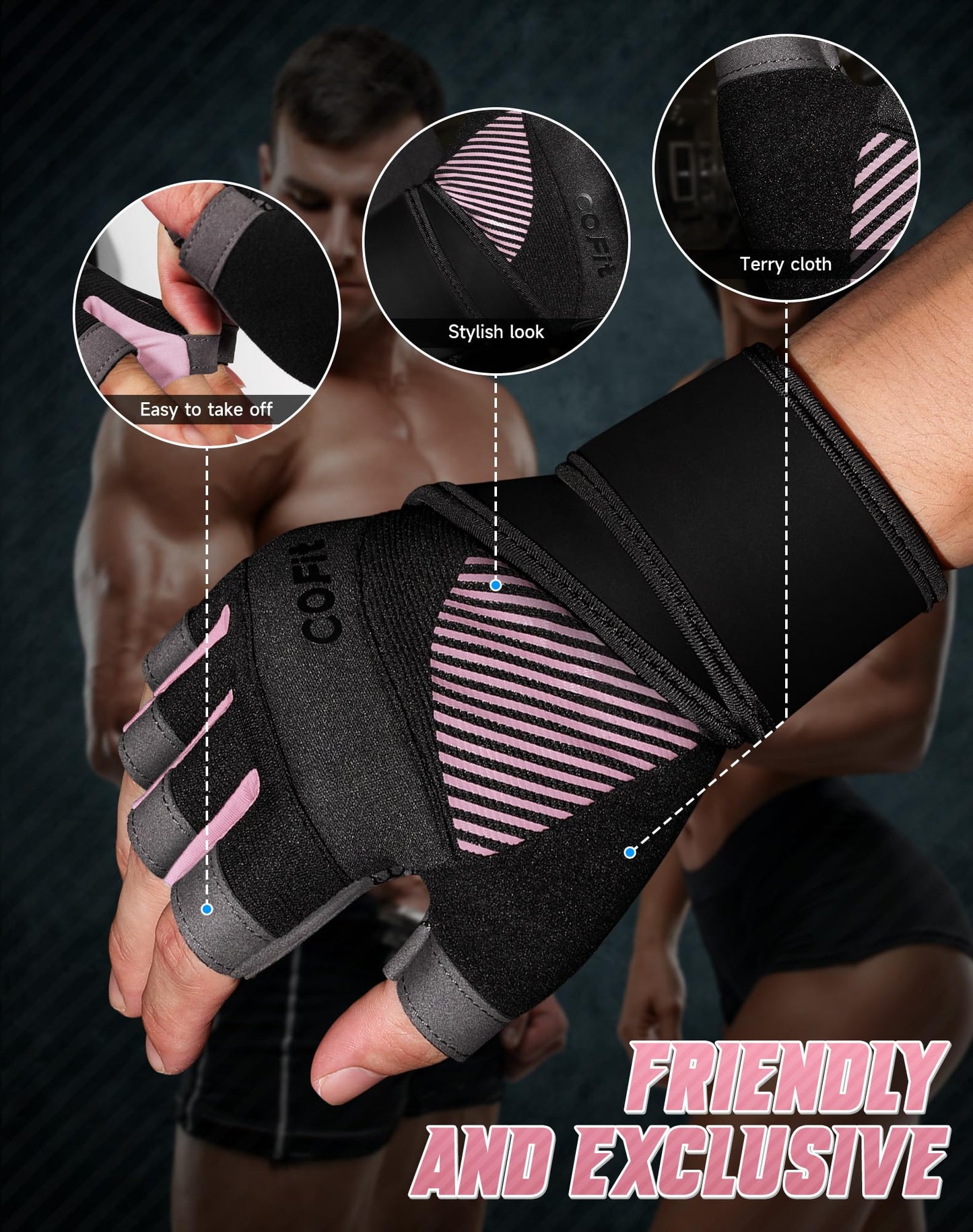 COFIT Breathable Workout Gloves, Antislip Weight Lifting Gym Gloves for Men Women with Wrist Wrap Support, Superior Grip & Palm Protection for Weightlifting, Fitness, Exercise, Training - Pink M