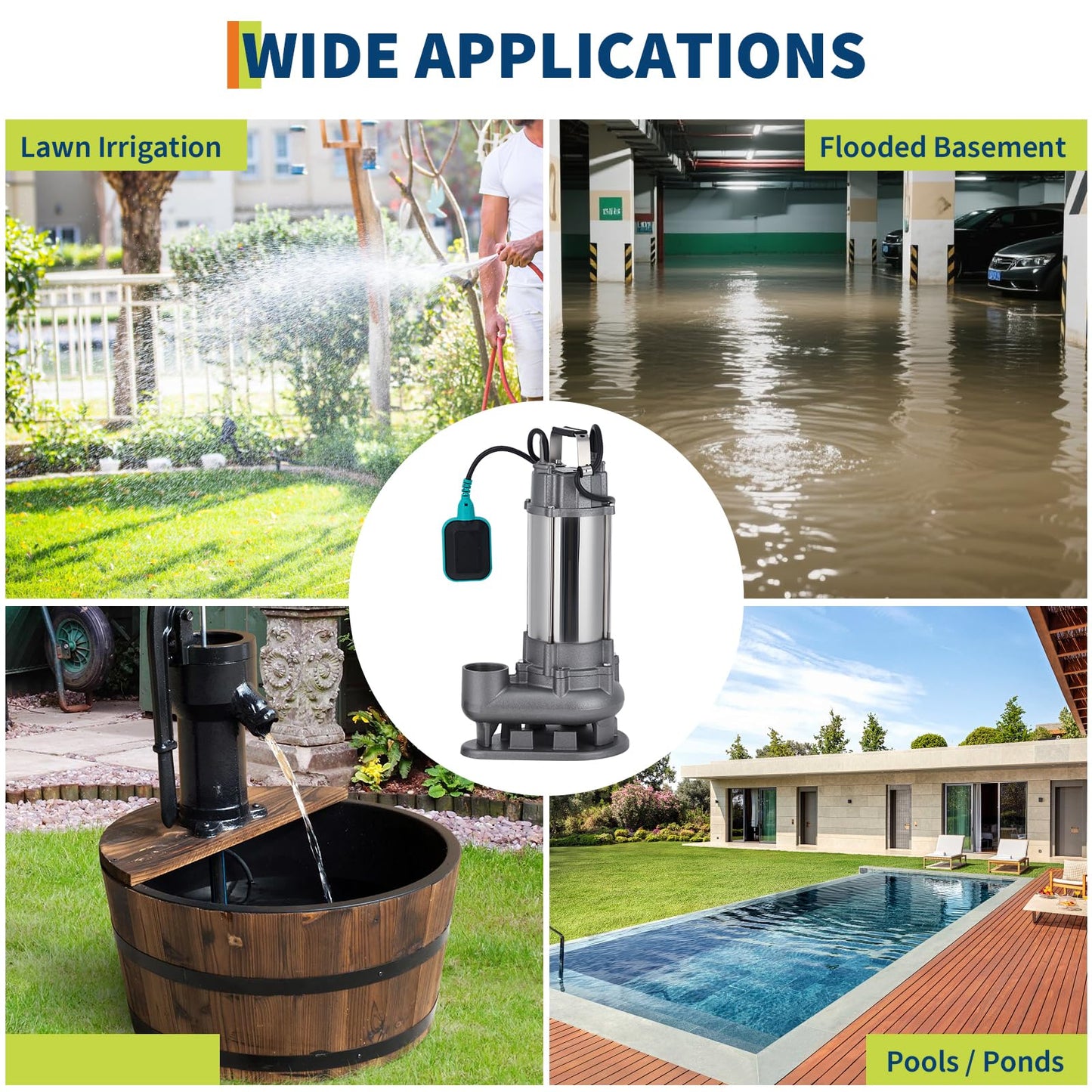 1 HP 5280 GPH Submersible Sewage Pump, Heavy Duty Cast Iron Effluent Pump with Automatic Tethered Float Switch, Sump Pump for Sump Basin, Basement, Residential