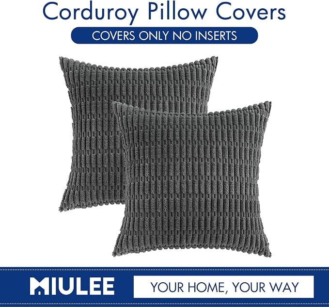 MIULEE Pack of 2 Corduroy Decorative Throw Pillow Covers 24x24 Inch Soft Boho Striped Pillow Covers Modern Farmhouse Home Decor for Sofa Living Room Couch Bed Dark Grey
