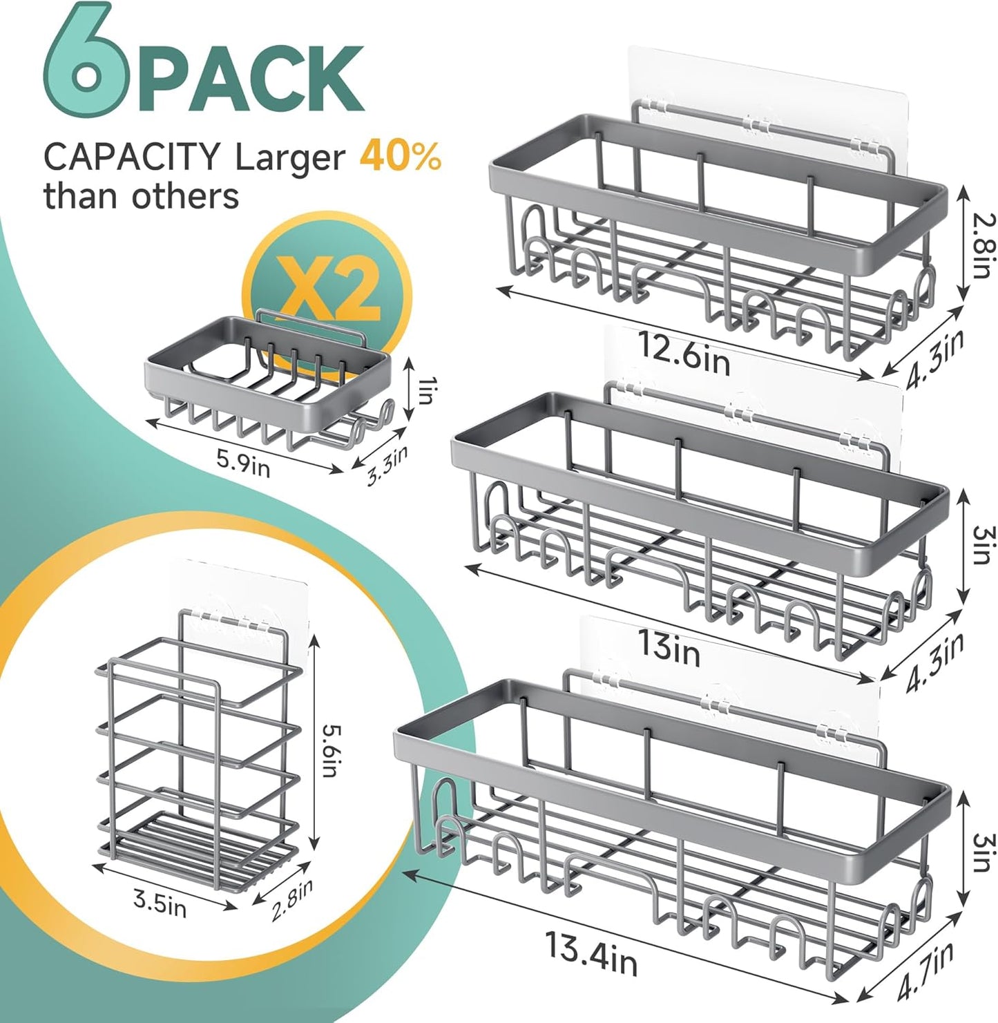 Veken Shower Caddy - 6-Pack Rustproof Waterproof Adhesive Shelves | Large Capacity Bathroom Organizers - Light Grey