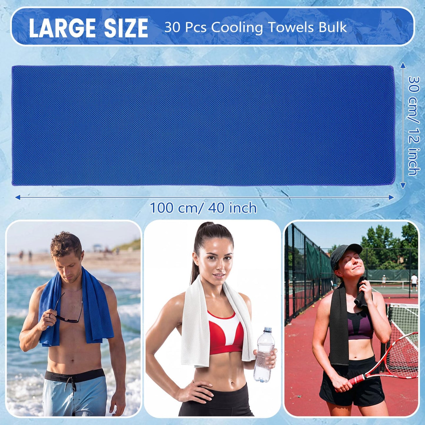 Hosuly 30 Pack Cooling Towels 40"x12" Cooling Neck Wraps Soft Breathable Chilly Towel Ice Towels Microfiber Workout Towel for Yoga Sport Running Workout Gym Camping Fitness Activities (Classic)