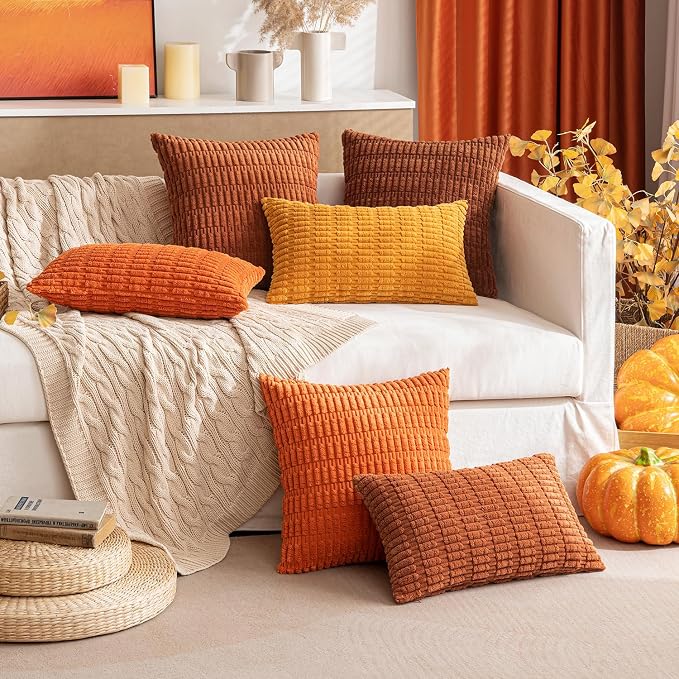 MIULEE Pack of 2 Orange Corduroy Decorative Lumbar Pillow Covers 20x12 Inch Soft Boho Striped Throw Pillow Covers Modern Farmhouse Home Decor for Summer Sofa Living Room Couch Bed