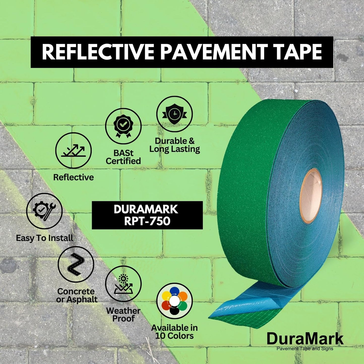 ifloortape DuraMark Reflective Pavement Marking Tape RPT-750 – Slip Resistant, Outdoor Heavy Duty Safety Tape, Rubber Base – Green, 3 Inch x 108 Ft