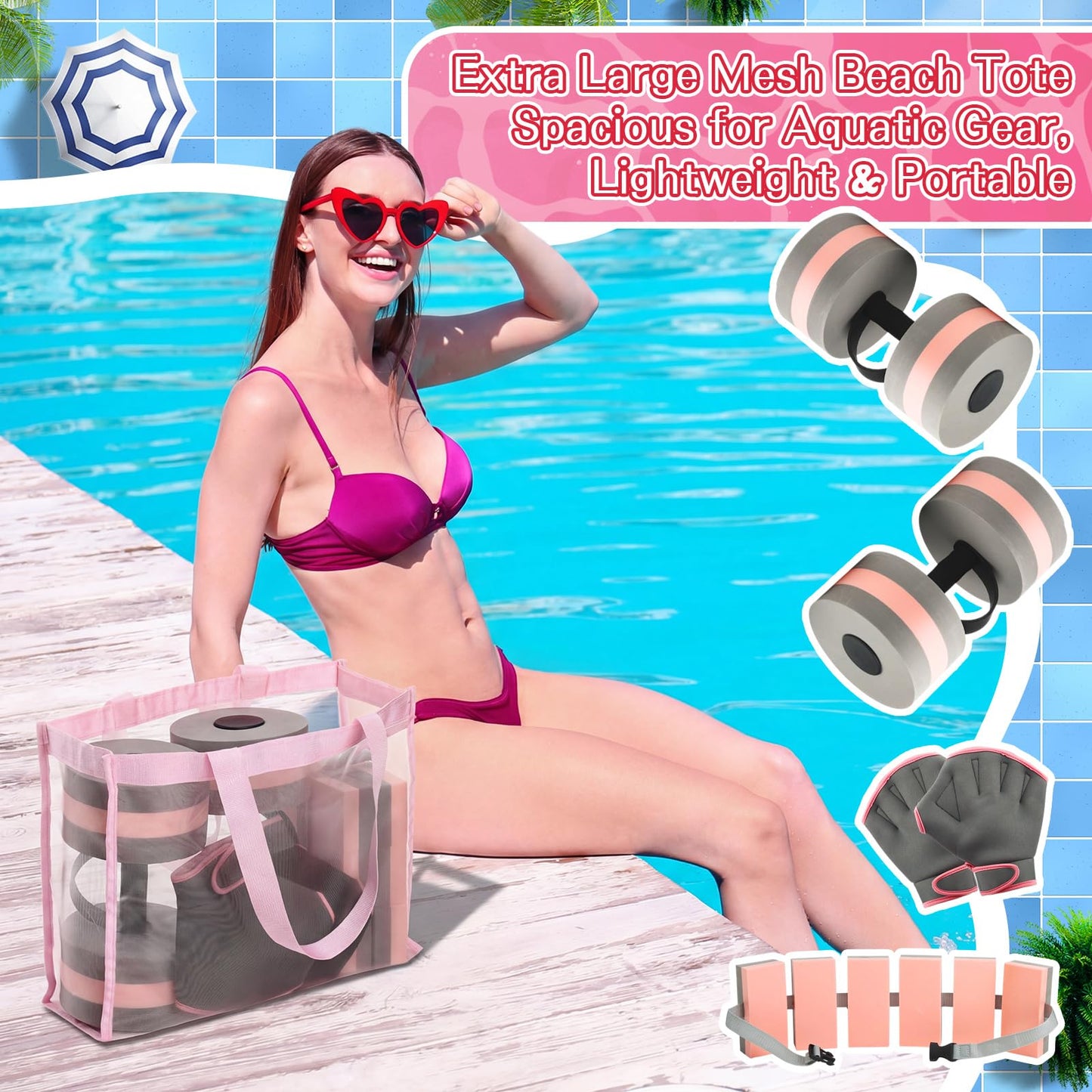 WinnerWhy 6 Pcs Aquatic Exercise Set Water Aerobic Equipment Large Mesh Beach Bag Pool Fitness Equipment Foam Dumbbell with Handle Strip Swimming Belt Gloves for Aquatic Fitness Weight Loss(Pink)