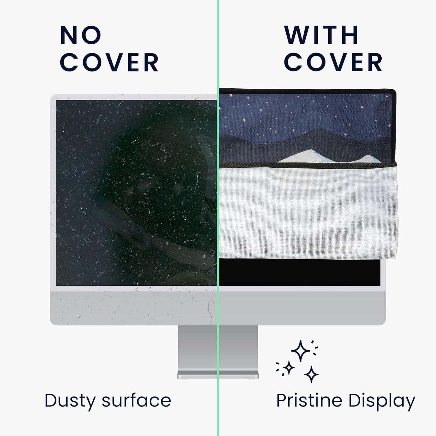 27-28" kwmobile Dust Cover for Monitor - Linen Monitor Protector with Design - Starry Night Lake White/Light Brown/Dark