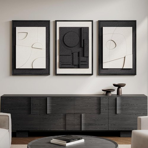 3-Piece Black & White Abstract Wall Art by [Brand Name] - Modern 3D Textured Geometric Paintings for Living Room & Hallway Decor