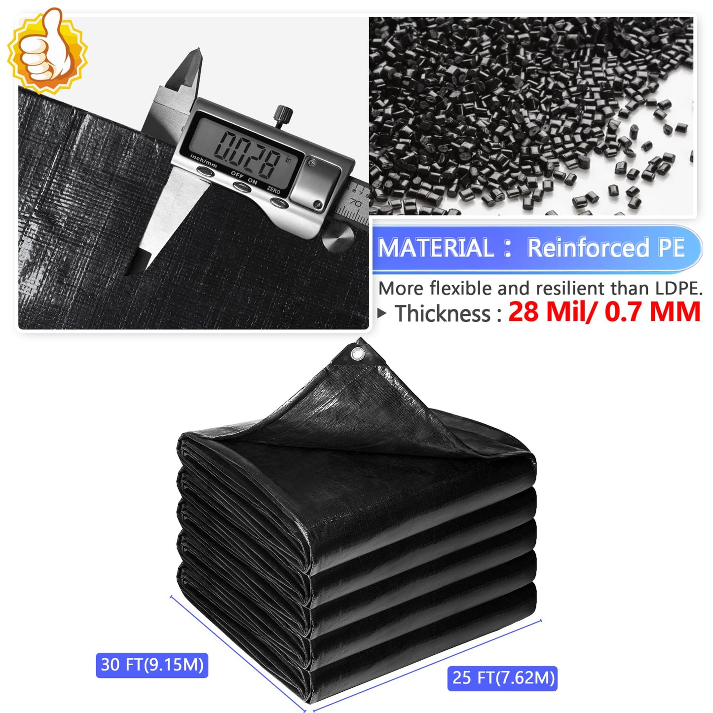 Reinforced PE Pond Liner 25 x 30 FT, 28 Mil Sun Resistant Preformed Pond Liner, Hemmed Edge with Buttonholes Liner for Outdoor Large Ponds, Fish/KOI/Duck Pond, Garden Waterfall, Waterscape, Black