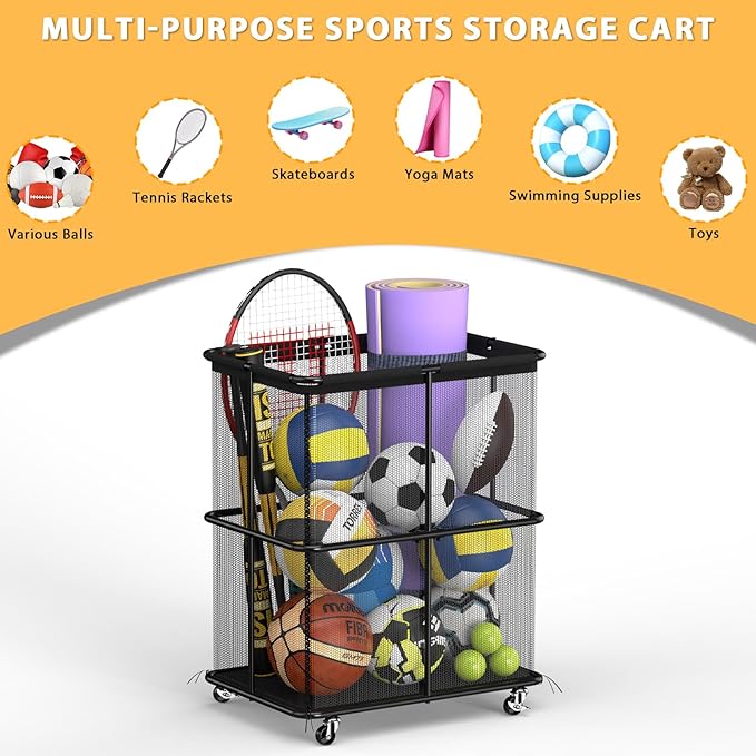 HEOMU Ball Storage Bin Rolling Garage Ball Storage Cart with Lockable Wheels, Metal Frame Mesh Basket Organizer with Zipper for Indoor Outdoor, Sports Equipment Organizer for Garage Gym School, Black