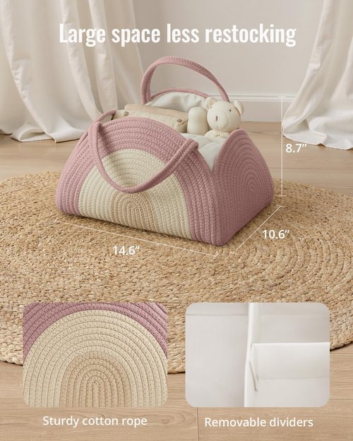 Blissful Diary Baby Diaper Caddy Organizer - Large Cotton Rope Storage Basket for Newborns | Blush Rainbow