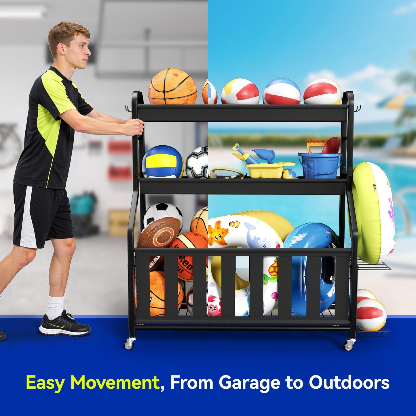Keepmisc Sports Equipment Organizer, Rolling Ball Storage Cart with Locking Wheels, Hooks & Bat Rack