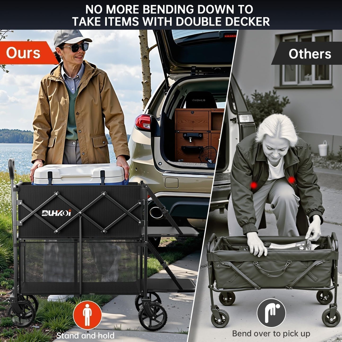 DUHKOI Double Decker Collapsible Wagon with Brakes, Folding Utility Cart with Big All-Terrain Wheels, 2-Tier Wagon for Camping Gear, Sports, Groceries, Shopping, Garden & Outdoor Use