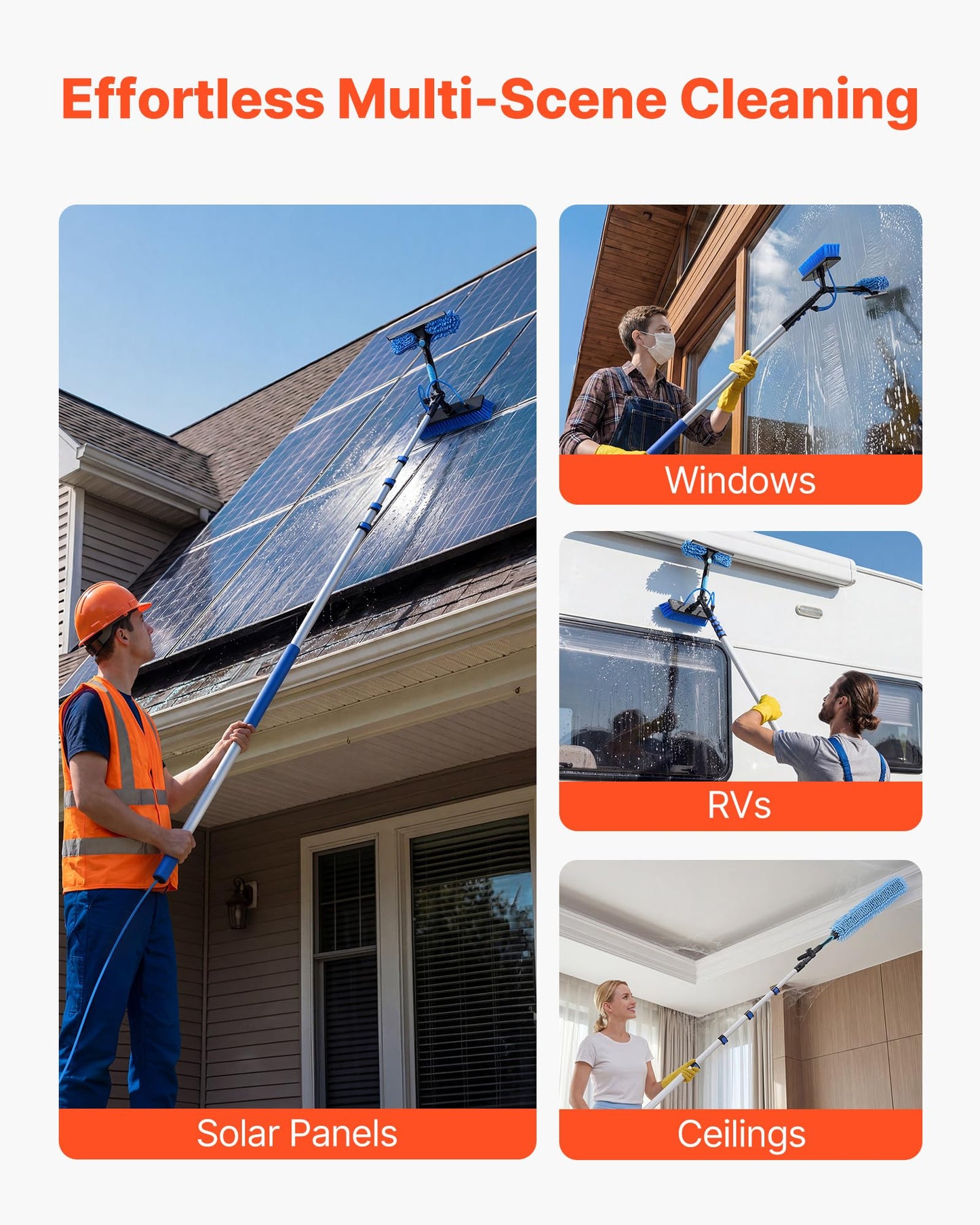 VEVOR Solar Panel Cleaning Kit, 26 ft, Water Fed Pole Kit with Cleaning Brush, Soap Dispenser, Extendable Aluminum Telescopic Pole, 180° Rotatable Brush Head, for Roof Mounted Solar Panels, Windows