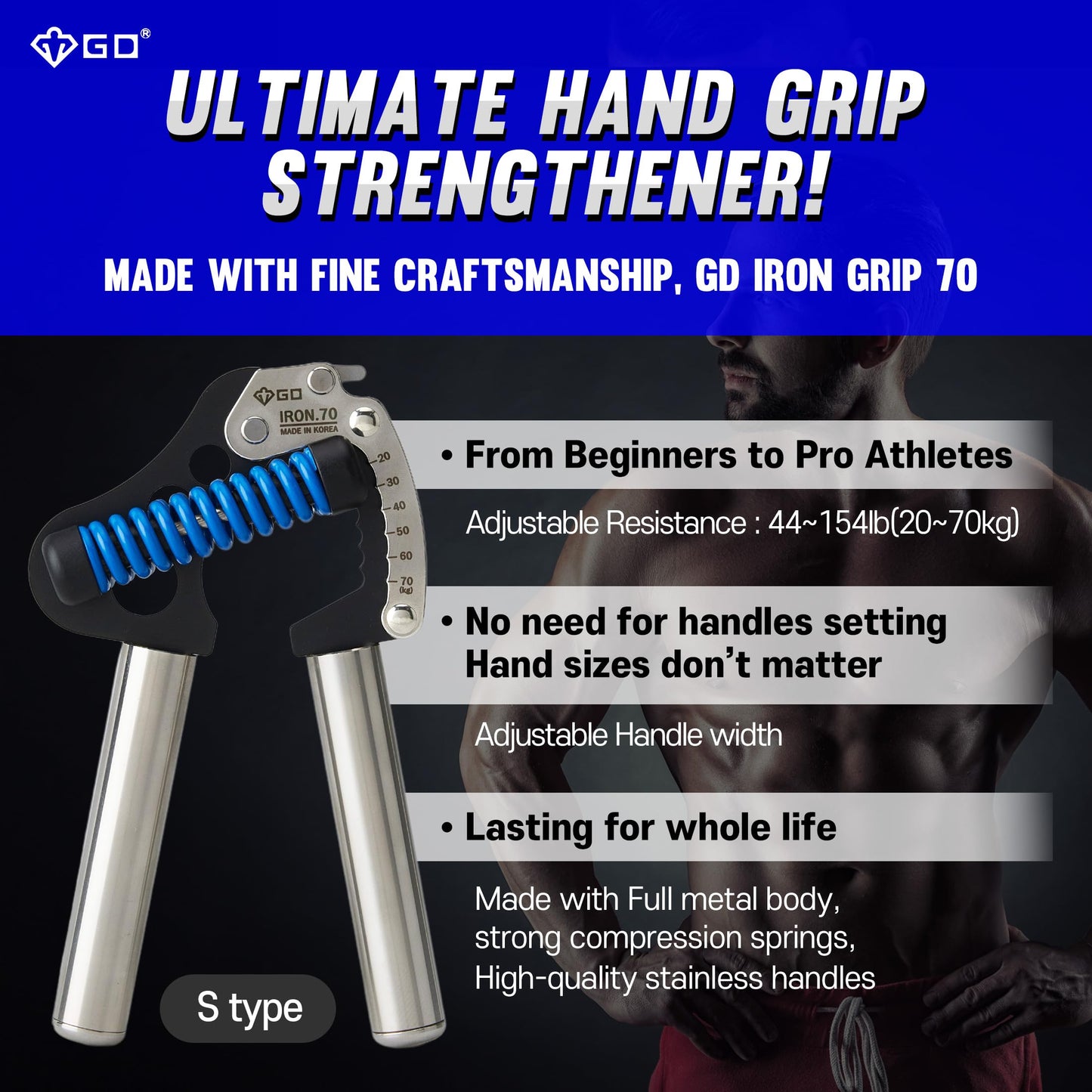 GD IRON GRIP 70(S) Adjustable Hand Grip Strengthener, 44~154lbs Grip Strength Trainer Premium Forearm Strengthener Hand Gripper for Grip Strength