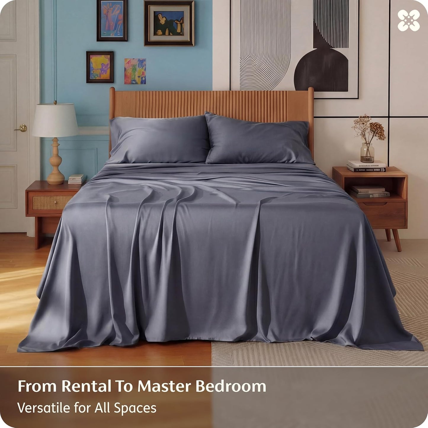 Bedsure Queen Sheet Set - Cooling Bamboo Rayon Sheets | Breathable & Soft | Deep Pocket Up to 16" | Dark Grey
