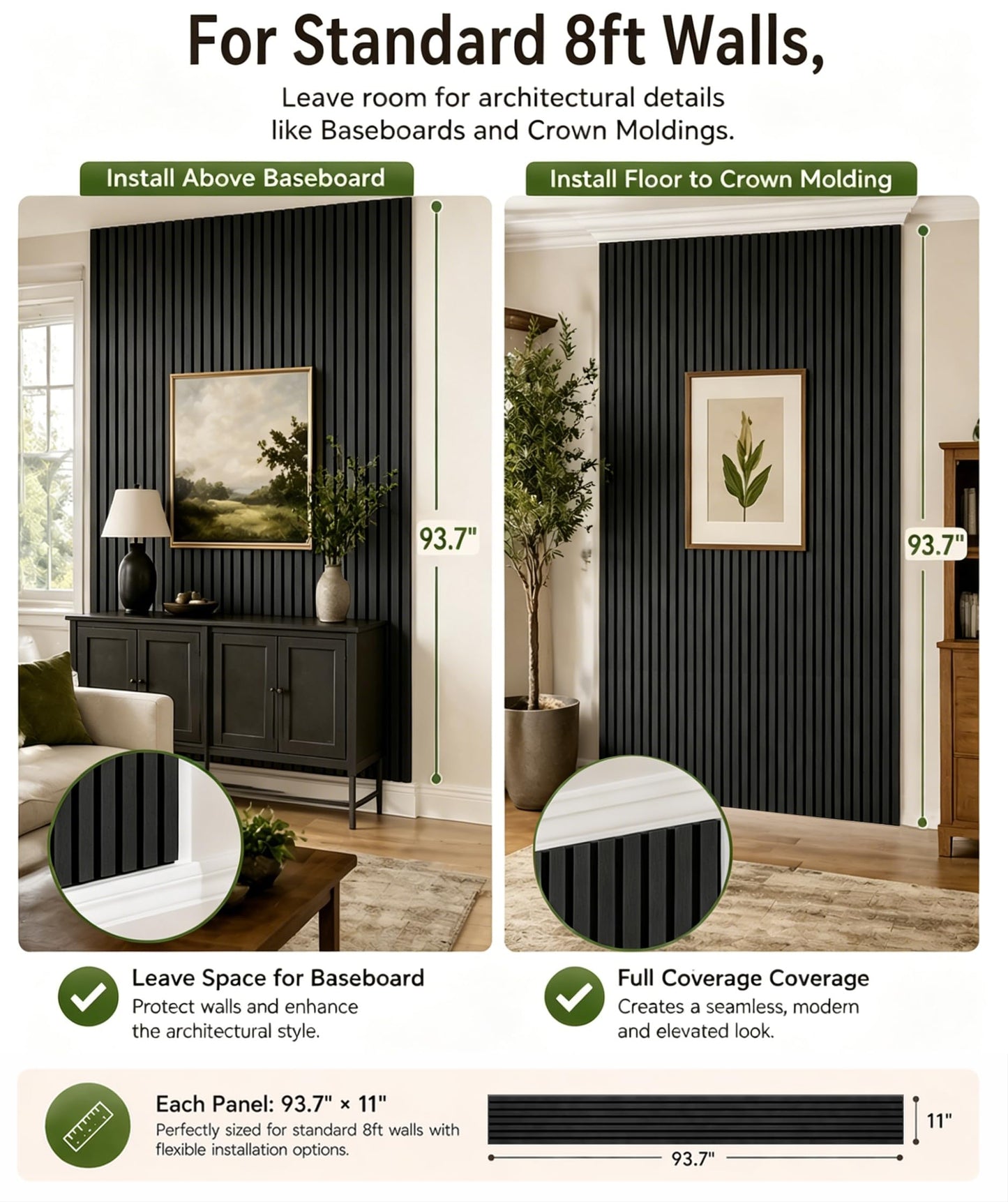 Wood Slat Wall Panels - 4 Pack 93.7" × 11" - Acoustic Panels Noise Reduction for Home Office Studio, 3D Fluted Sound Dampening Absorbing Panels, Matte Black