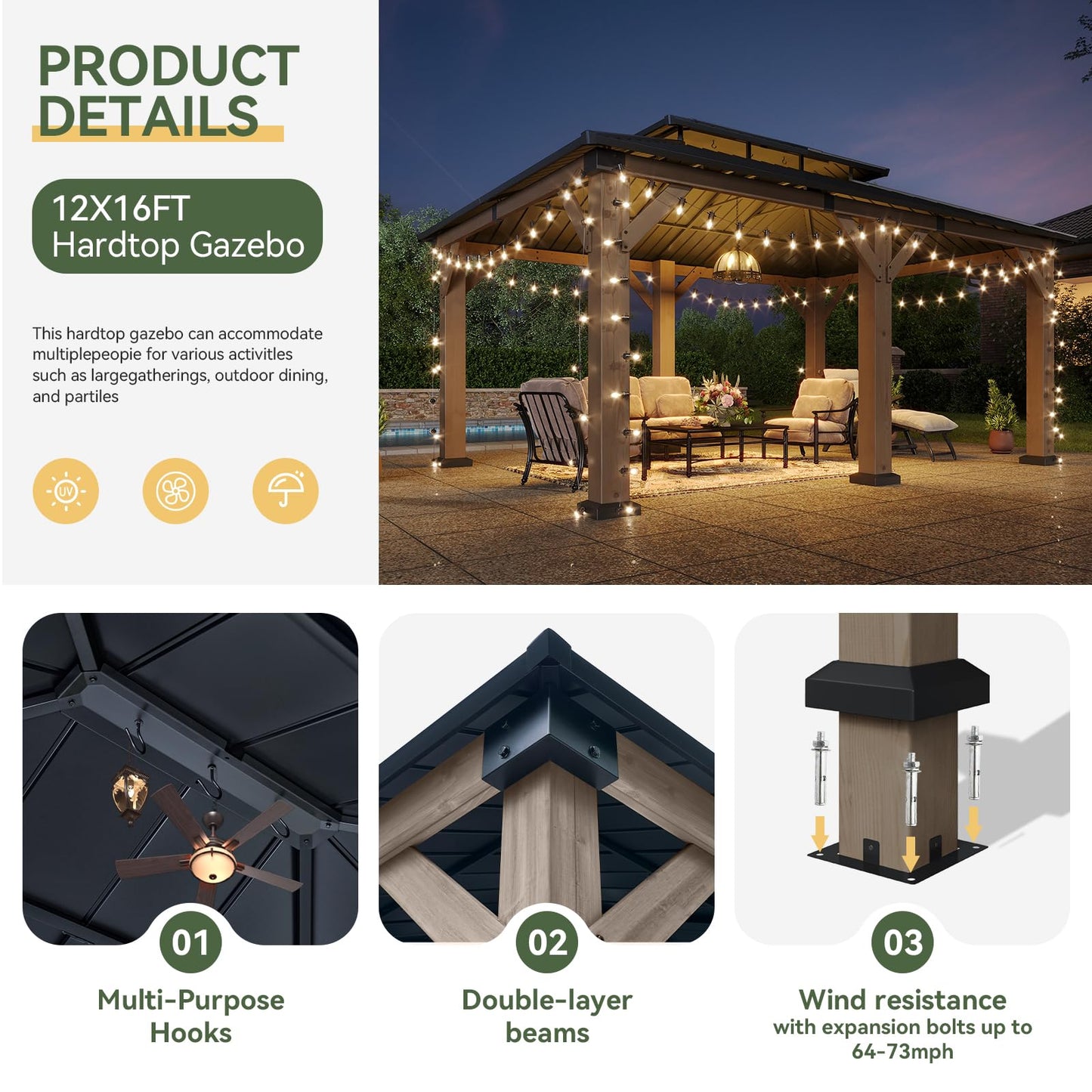 Aoxun 10' x 10' Outdoor Cedar Wood Hardtop Carport, Heavy Duty Gazebo with Double Galvanized Steel Roof, All-Weather Wind & Snow Resistant Permanent Pavilion for 2 Cars, Boat, Patio, Backyard